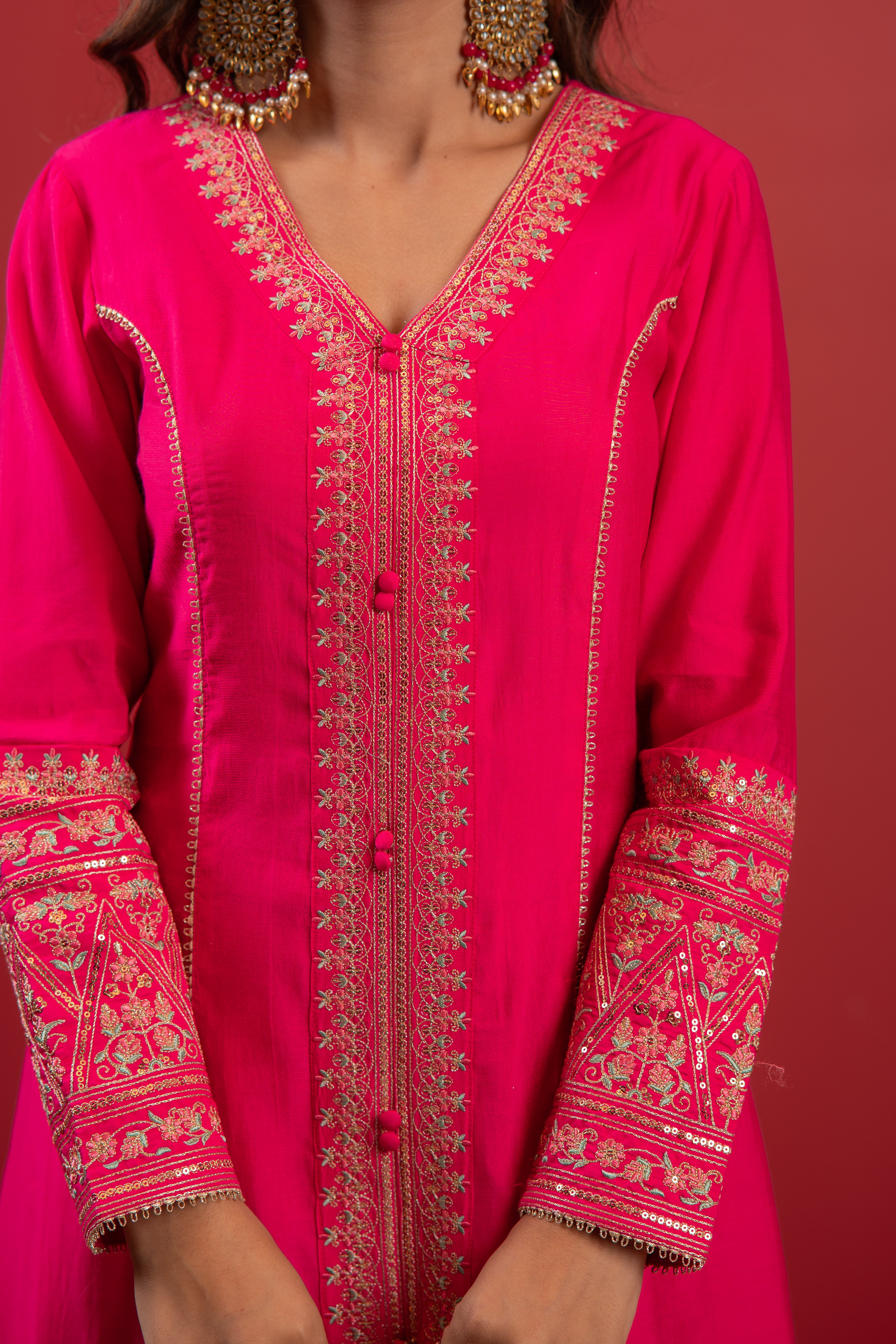 Fuchsia Viscose Solid A-Line Kurta With Pants & Dupatta Set With Zari, Sequence & Dori Work