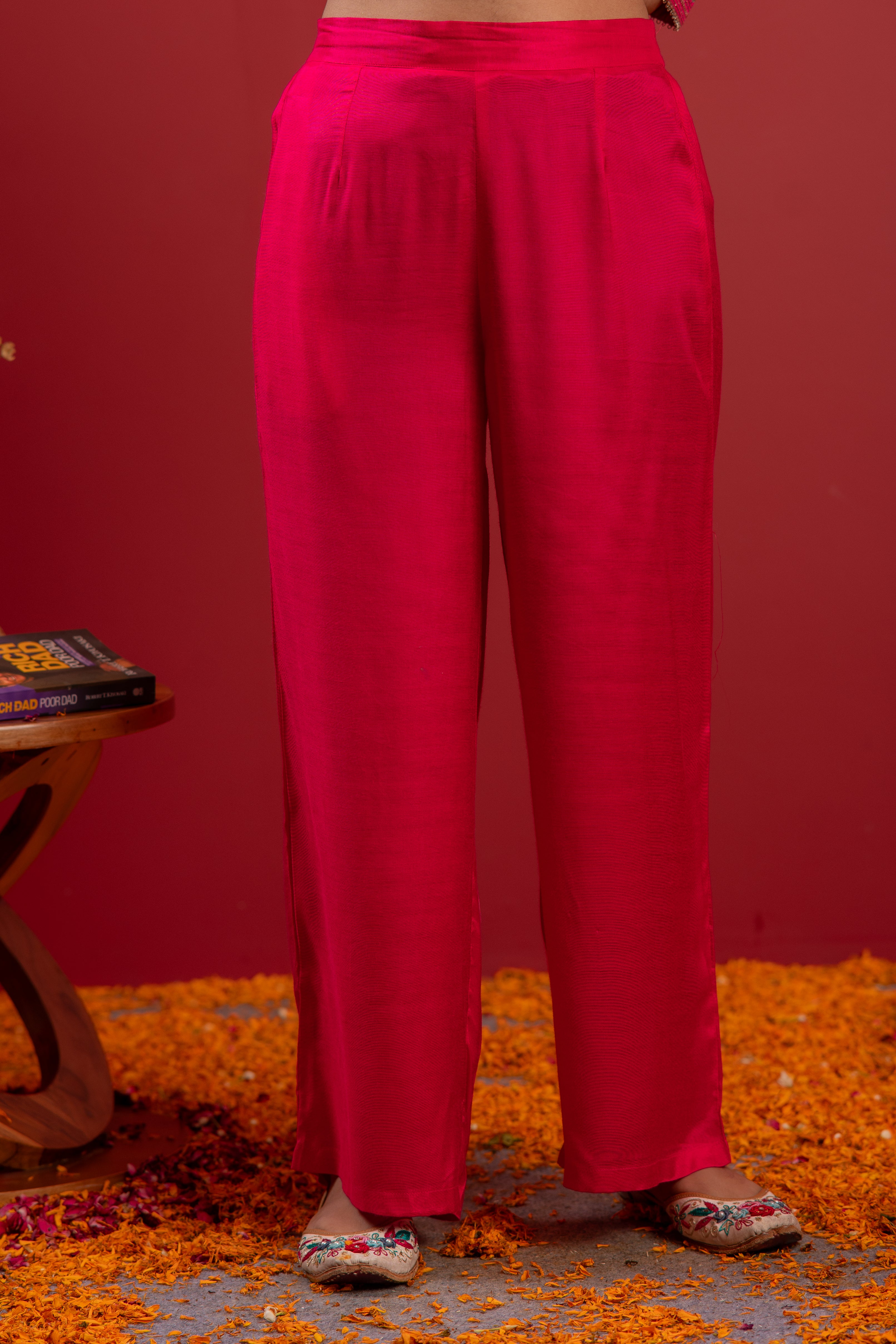 Fuchsia Viscose Solid A-Line Kurta With Pants & Dupatta Set With Zari, Sequence & Dori Work