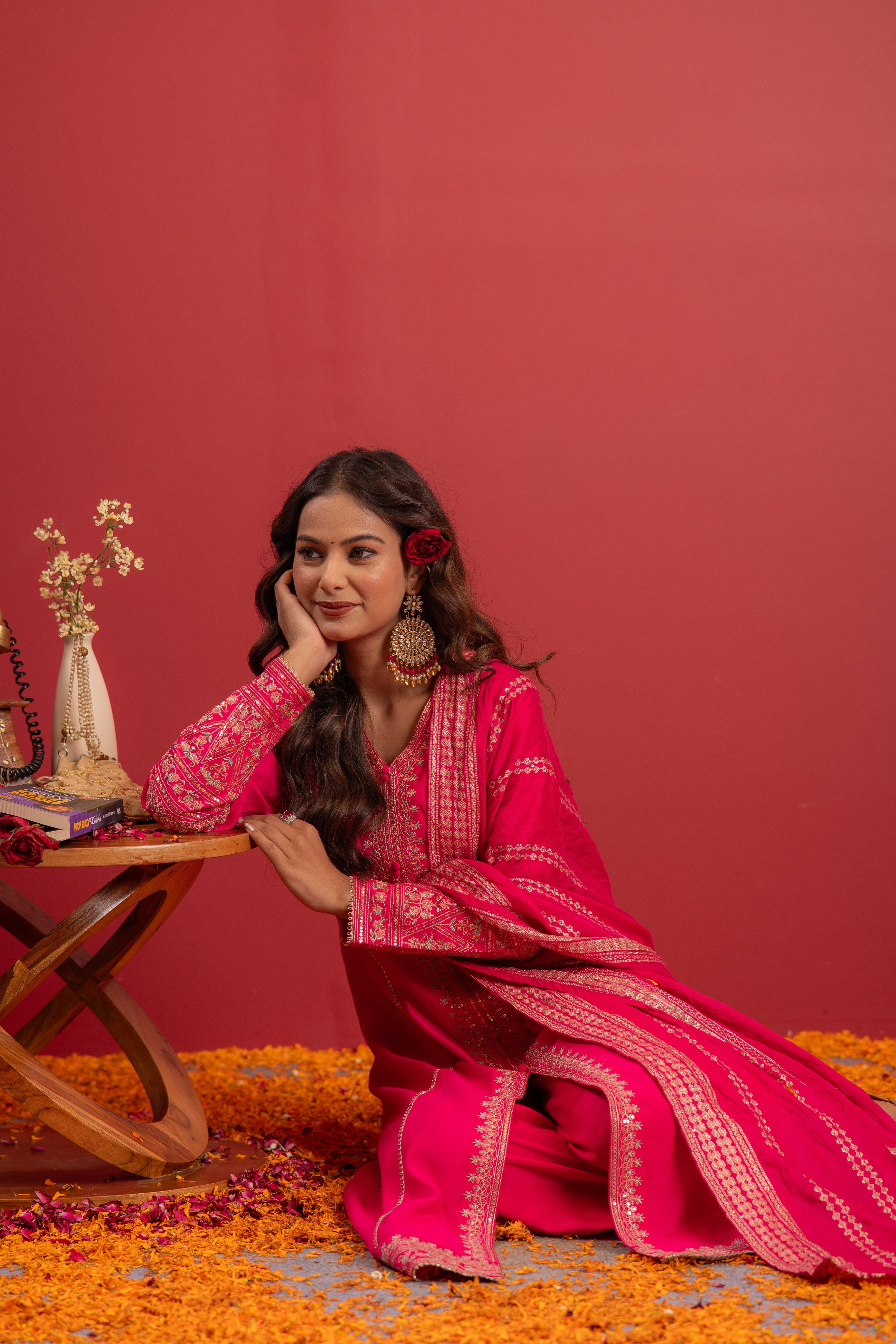 Fuchsia Viscose Solid A-Line Kurta With Pants & Dupatta Set With Zari, Sequence & Dori Work
