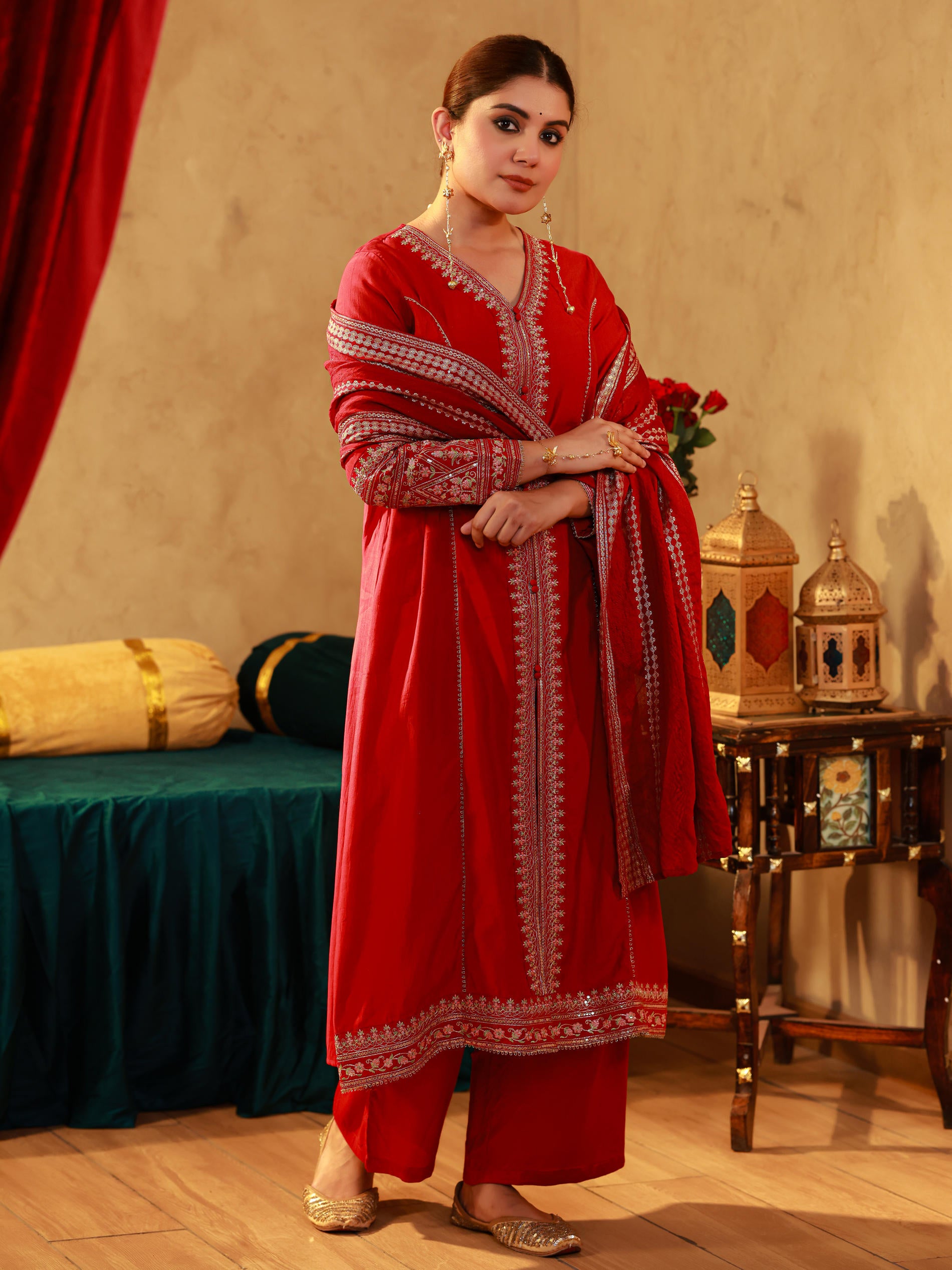 Red Viscose Solid A-Line Kurta With Pants & Dupatta Set With Zari, Sequence & Dori Work