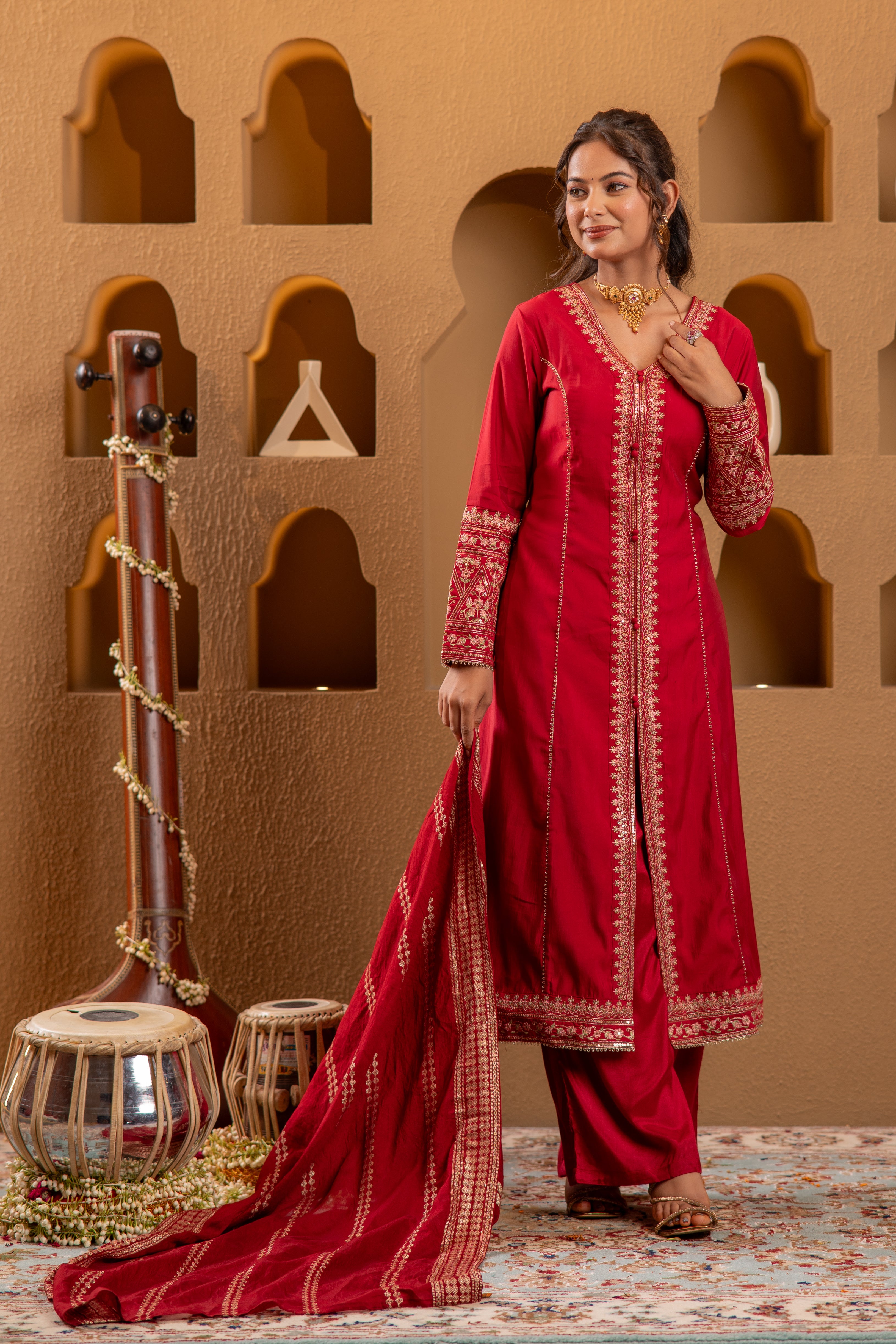 Red Viscose Solid A-Line Kurta With Pants & Dupatta Set With Zari, Sequence & Dori Work