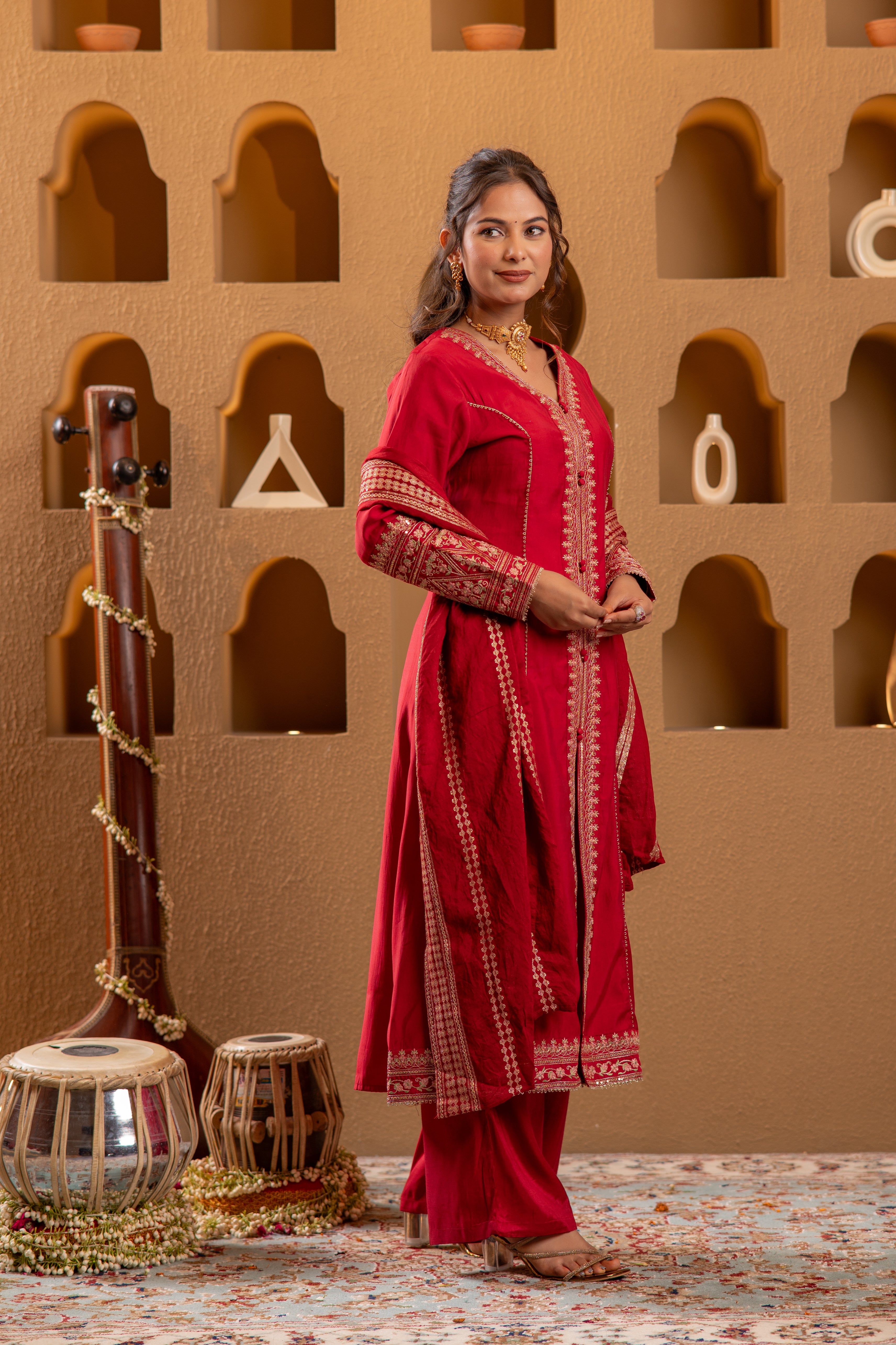 Red Viscose Solid A-Line Kurta With Pants & Dupatta Set With Zari, Sequence & Dori Work