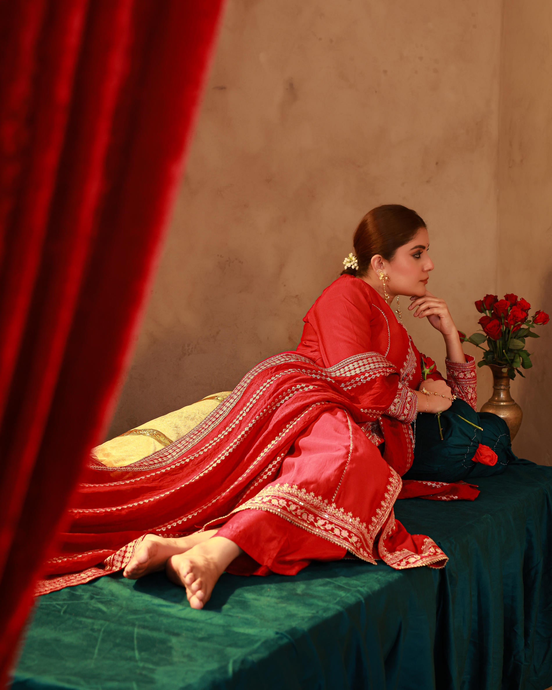 Red Viscose Solid A-Line Kurta With Pants & Dupatta Set With Zari, Sequence & Dori Work