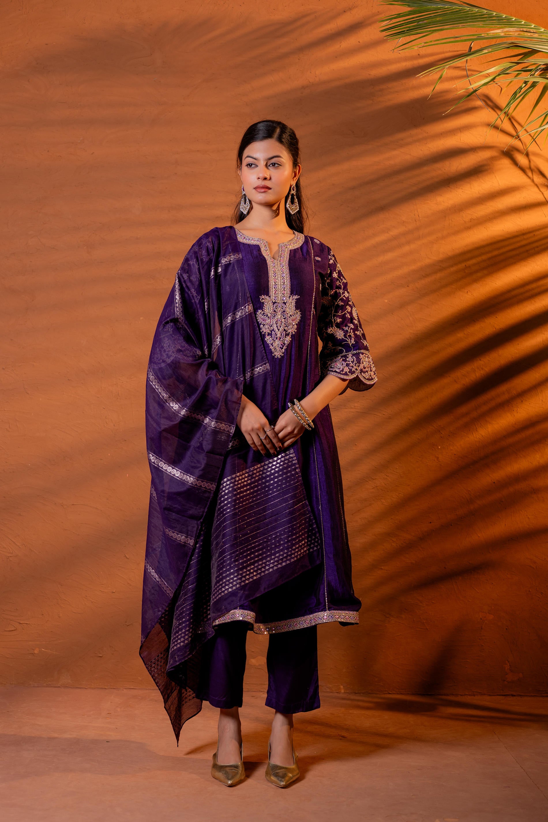 Purple Manmade Fiber Flared Kurta Pant And Dupatta Set with Zari, Mirror, Thread & Sequin Work