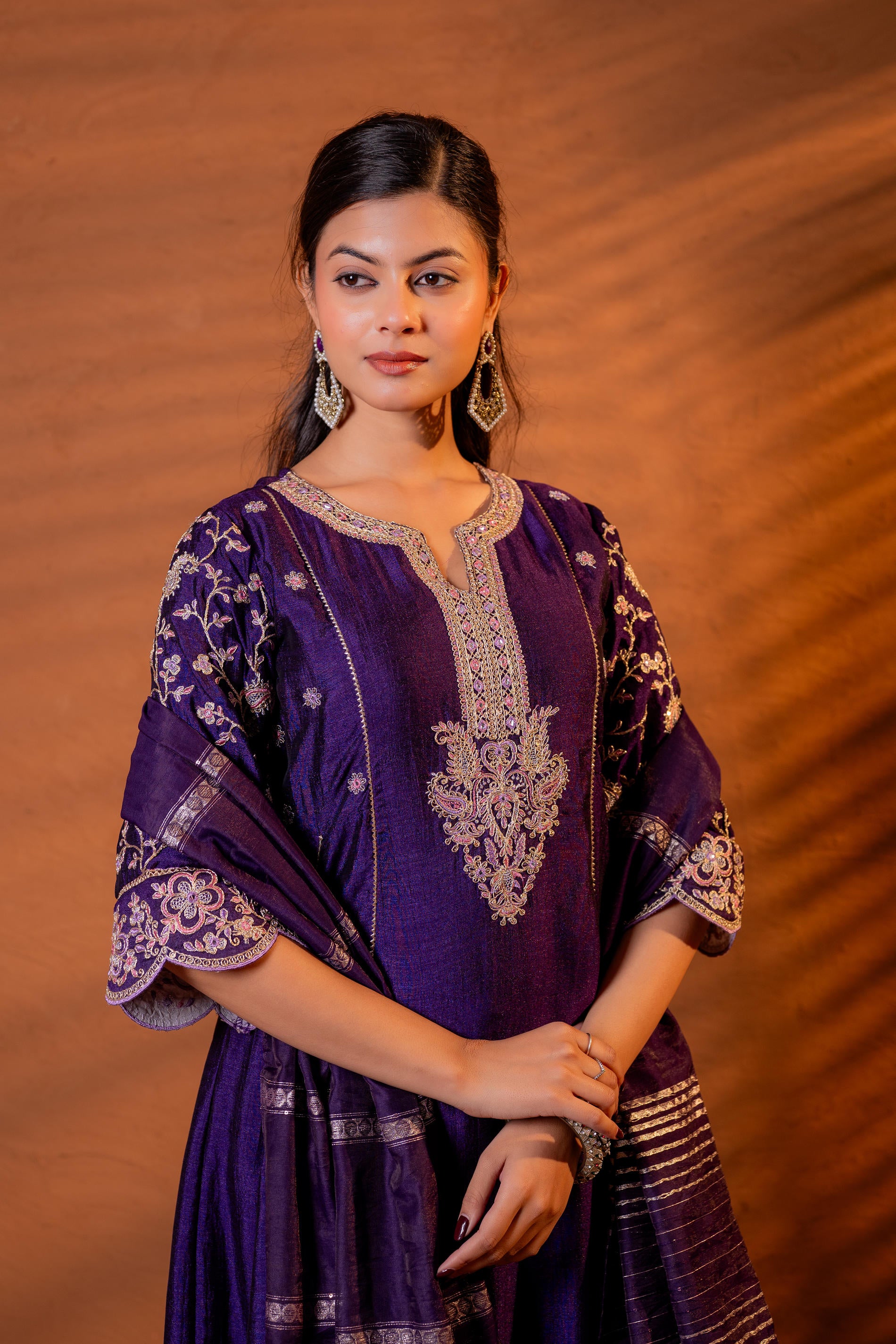 Purple Manmade Fiber Flared Kurta Pant And Dupatta Set with Zari, Mirror, Thread & Sequin Work