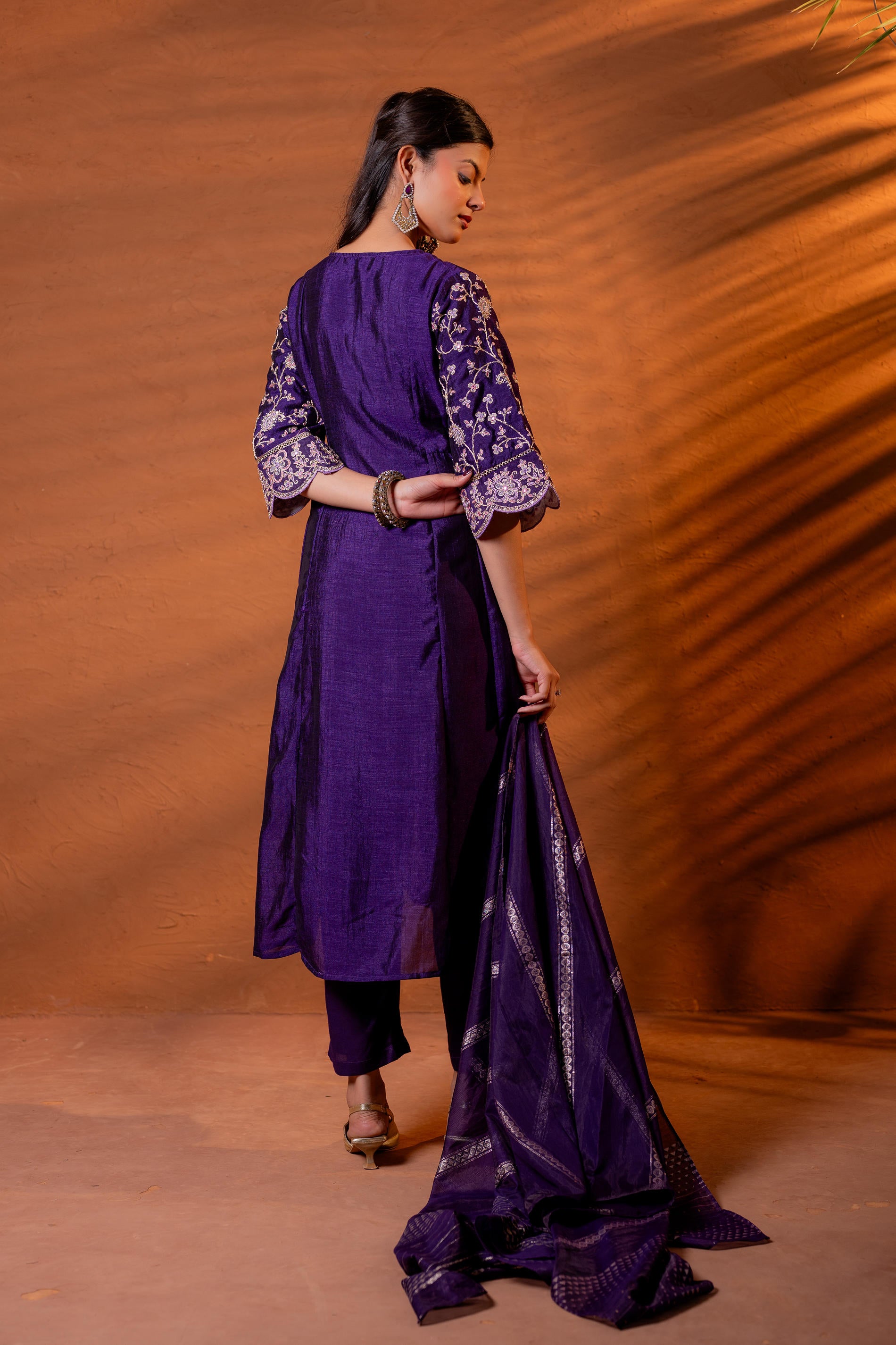 Purple Manmade Fiber Flared Kurta Pant And Dupatta Set with Zari, Mirror, Thread & Sequin Work