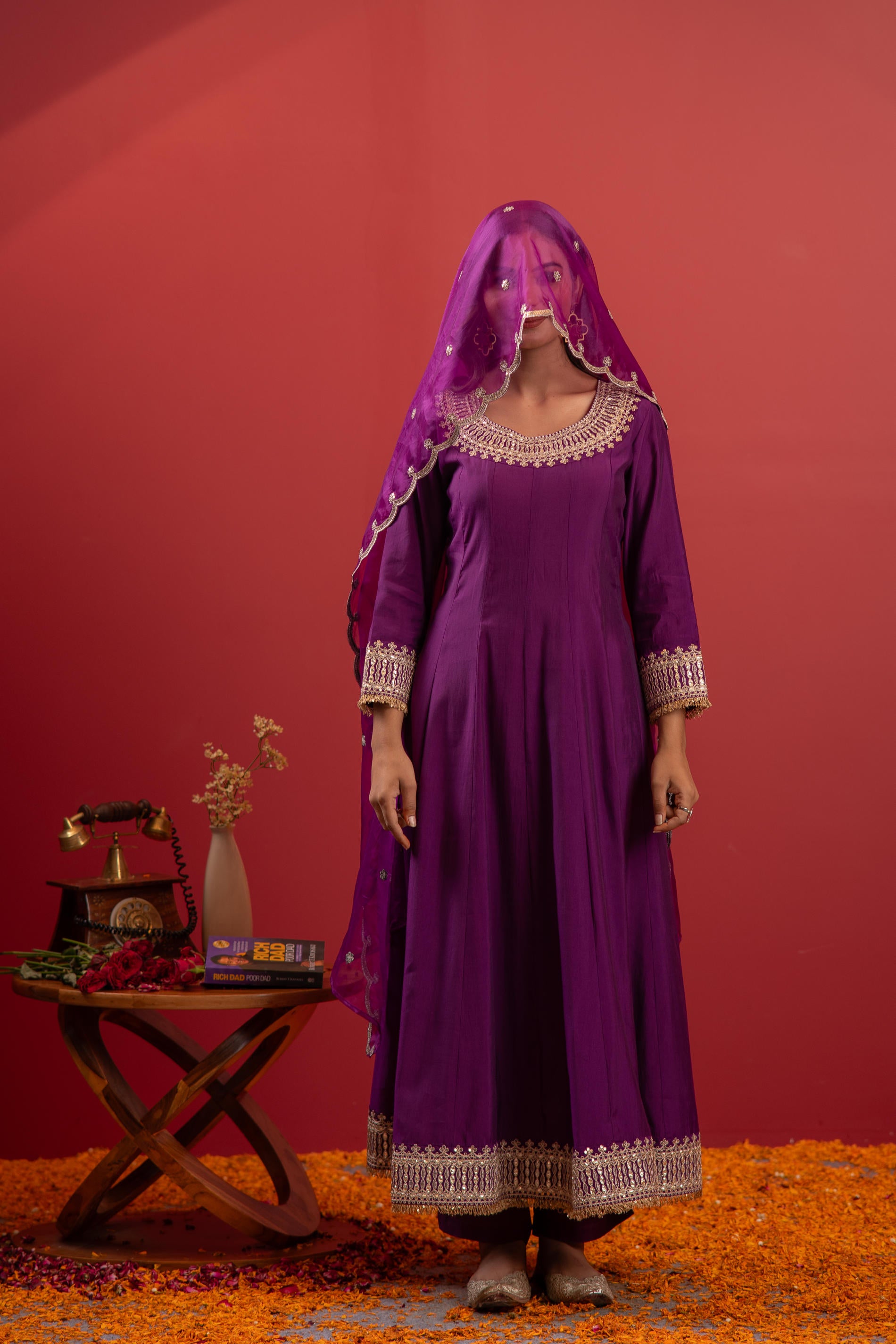 Purple Anarkali Suit With Embroidered Dupatta & Pant