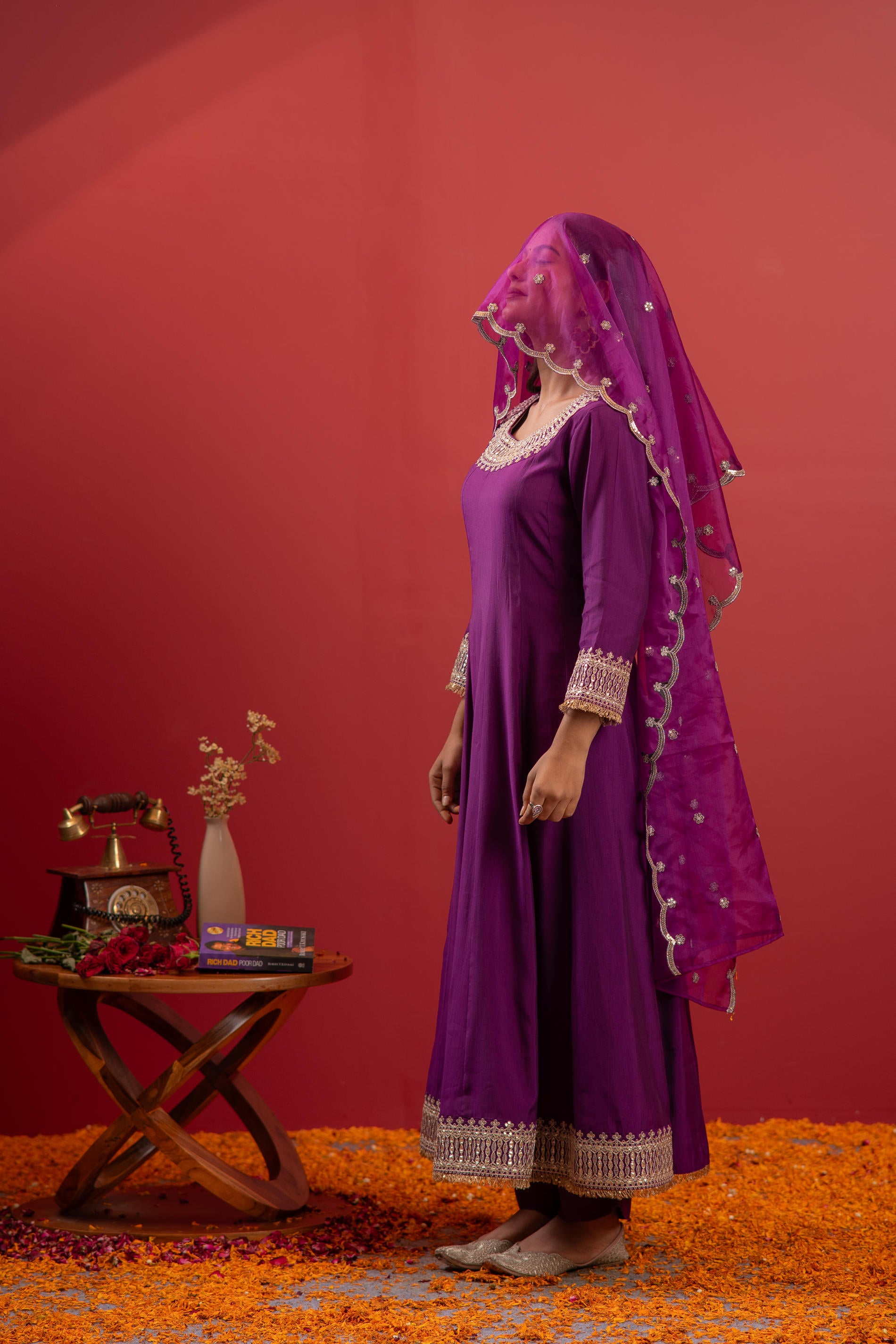 Purple Anarkali Suit With Embroidered Dupatta & Pant