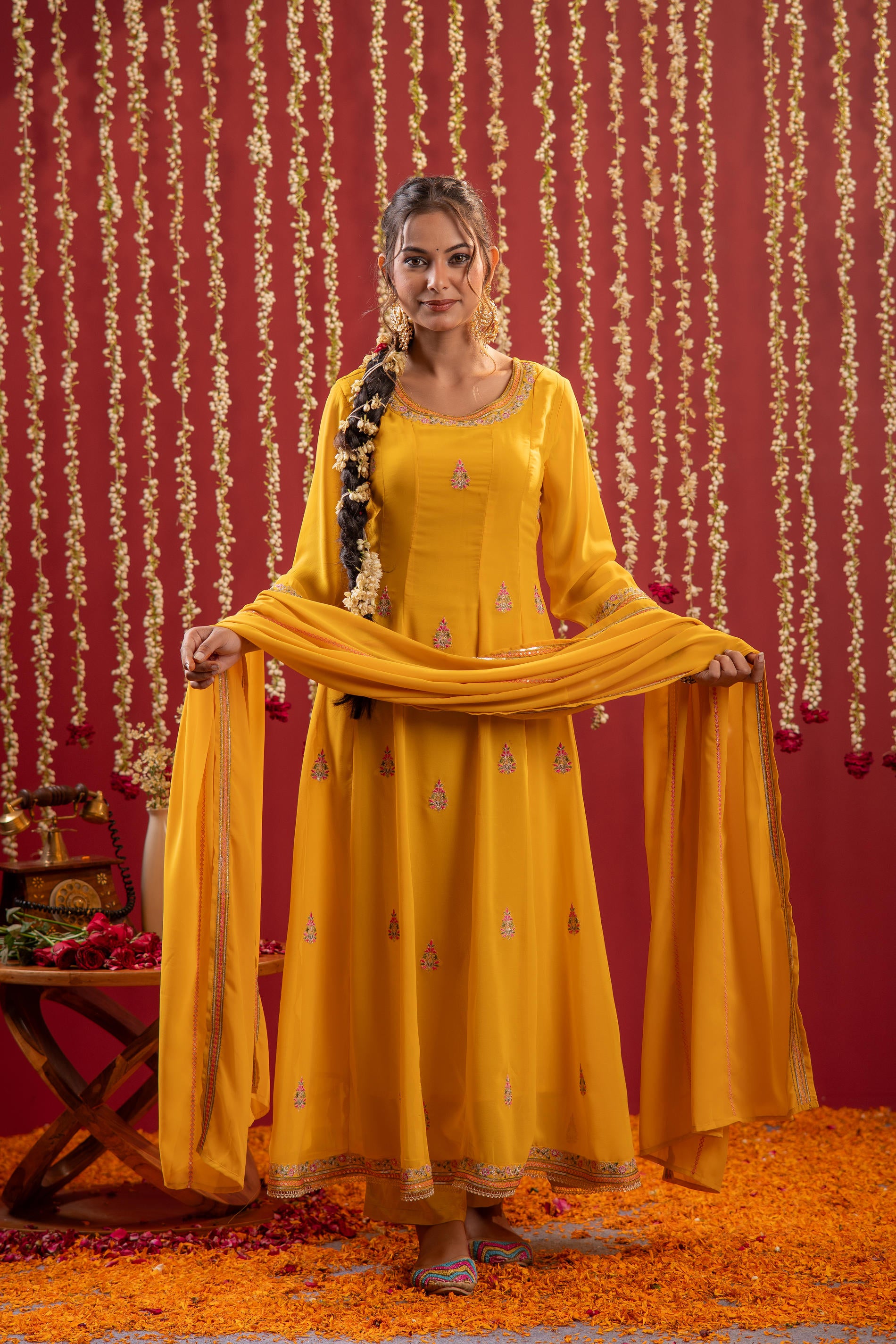 Mustard magic Anarkali Kurta Pant And Dupatta Set
