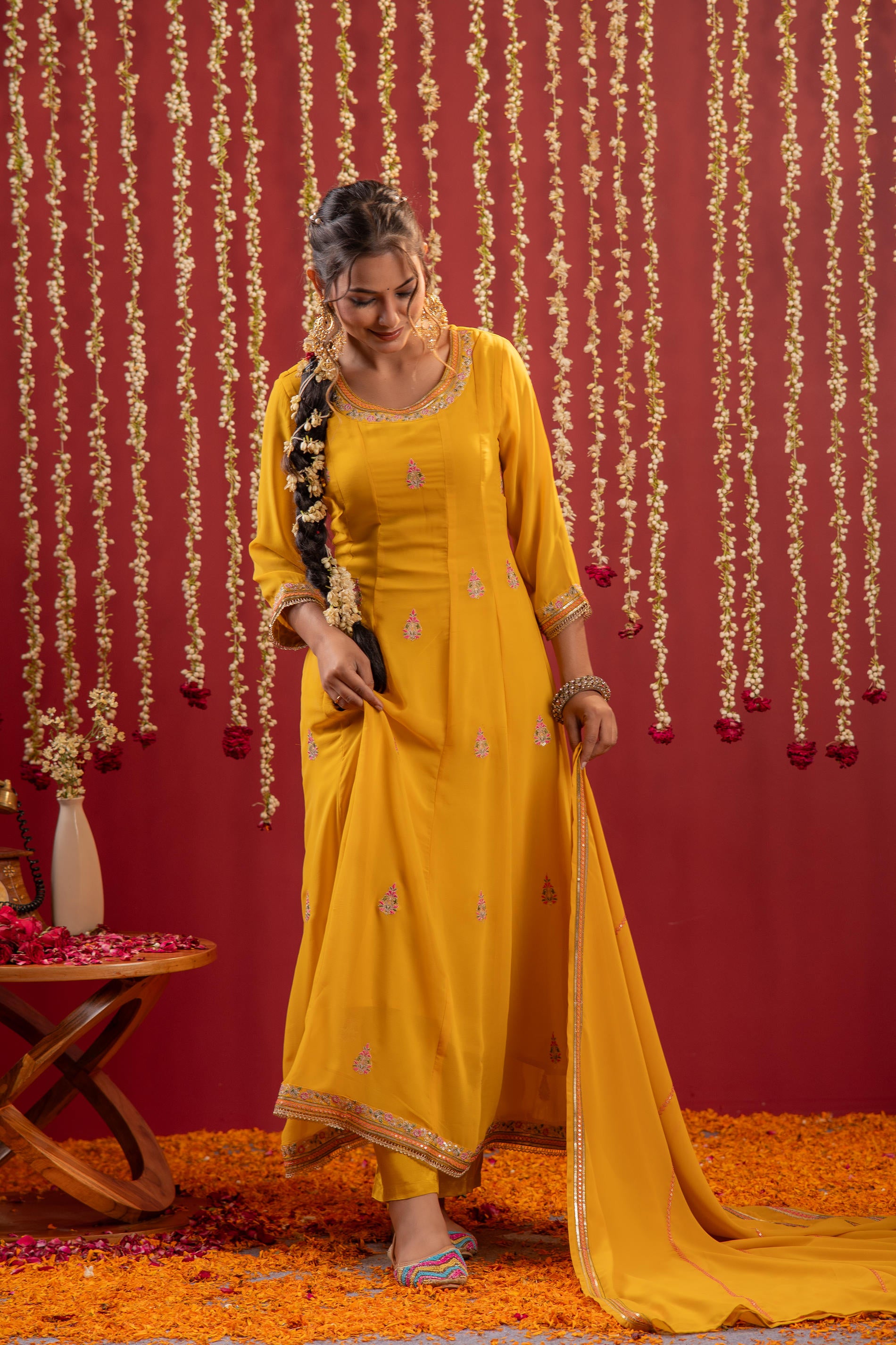 Mustard magic Anarkali Kurta Pant And Dupatta Set