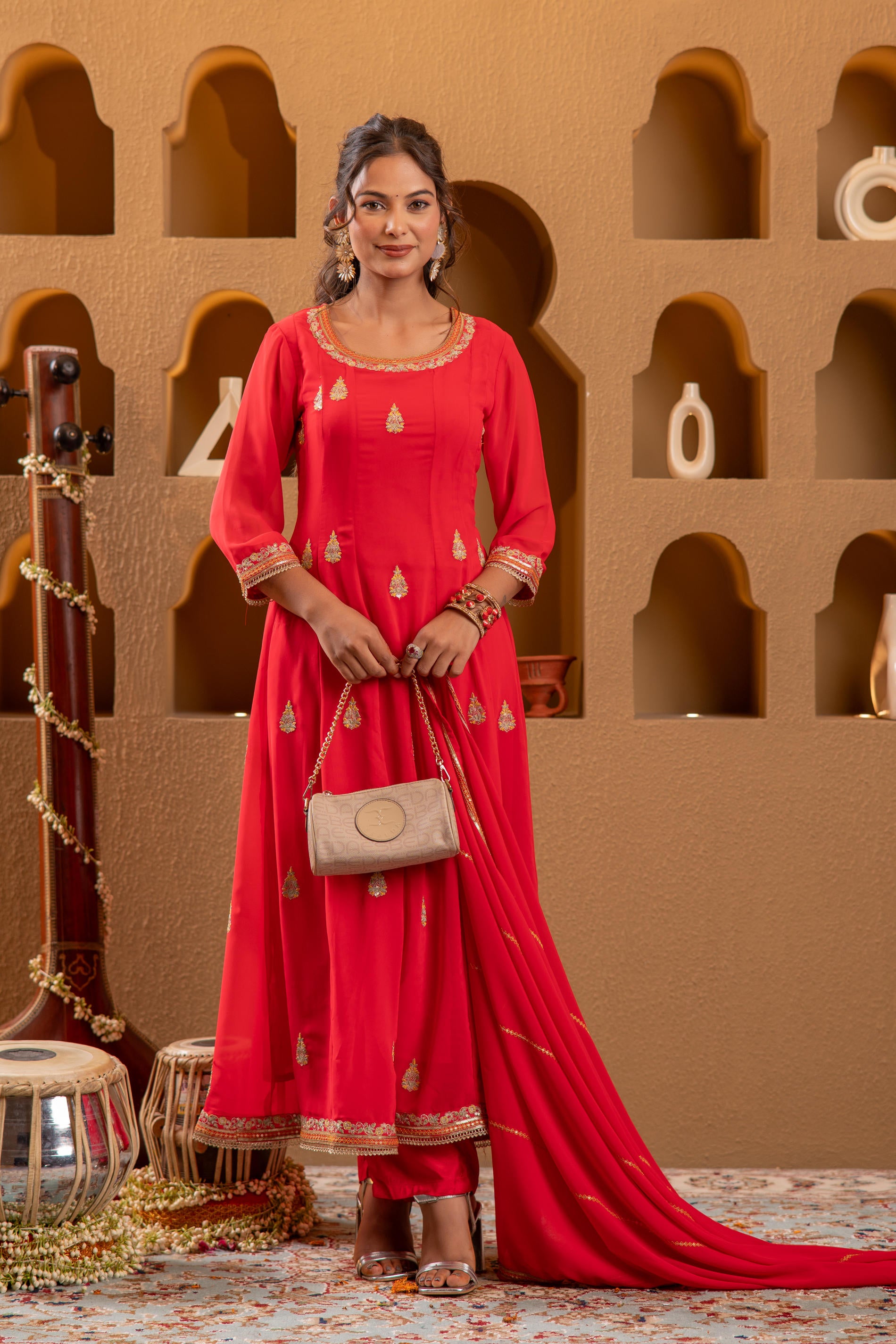 red Kurta Pant And Dupatta Set
