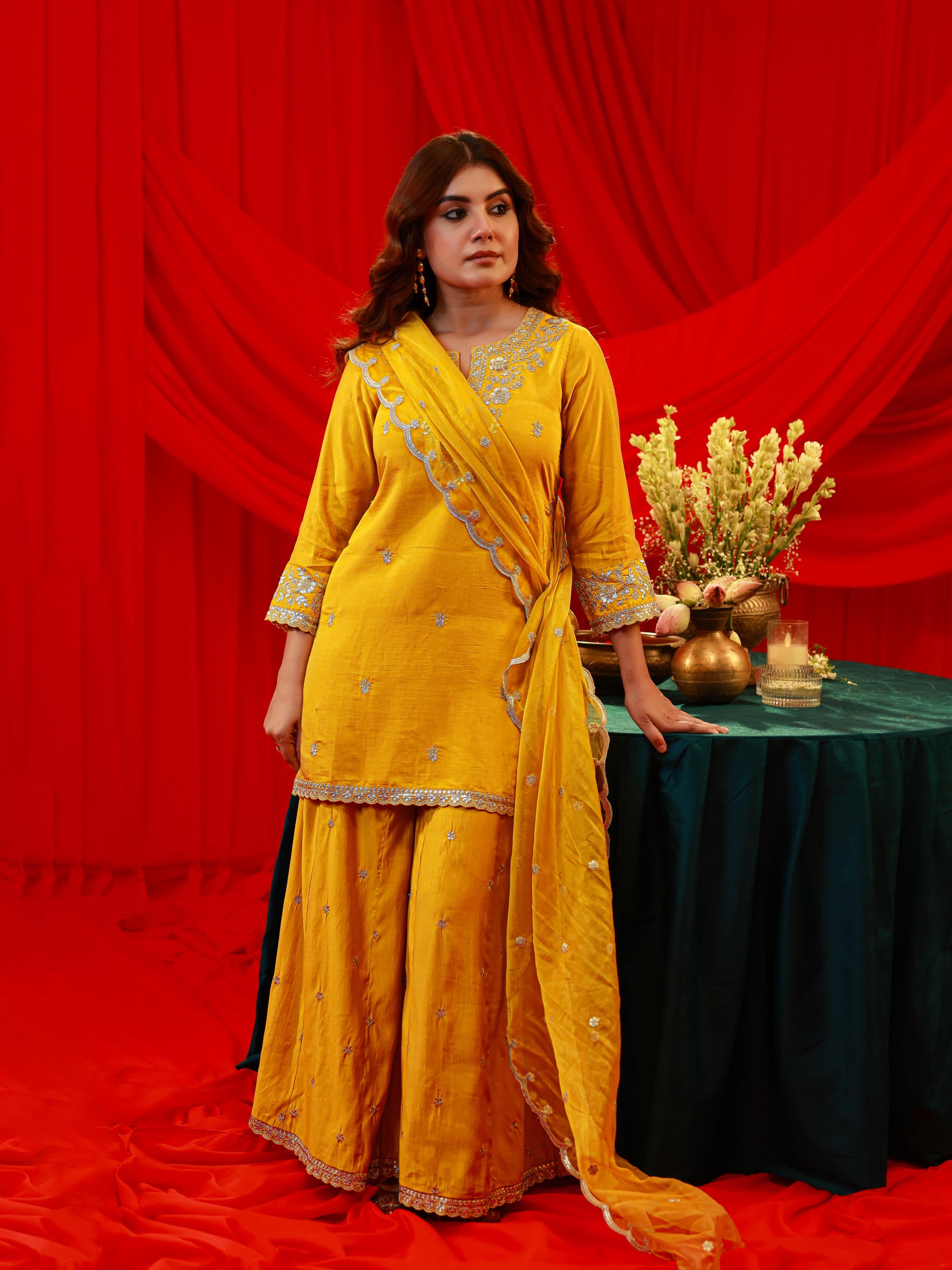 Mustard Viscose Flared Kurta with Palazzo & Dupatta Set with Mirror, Thread & Zari Work