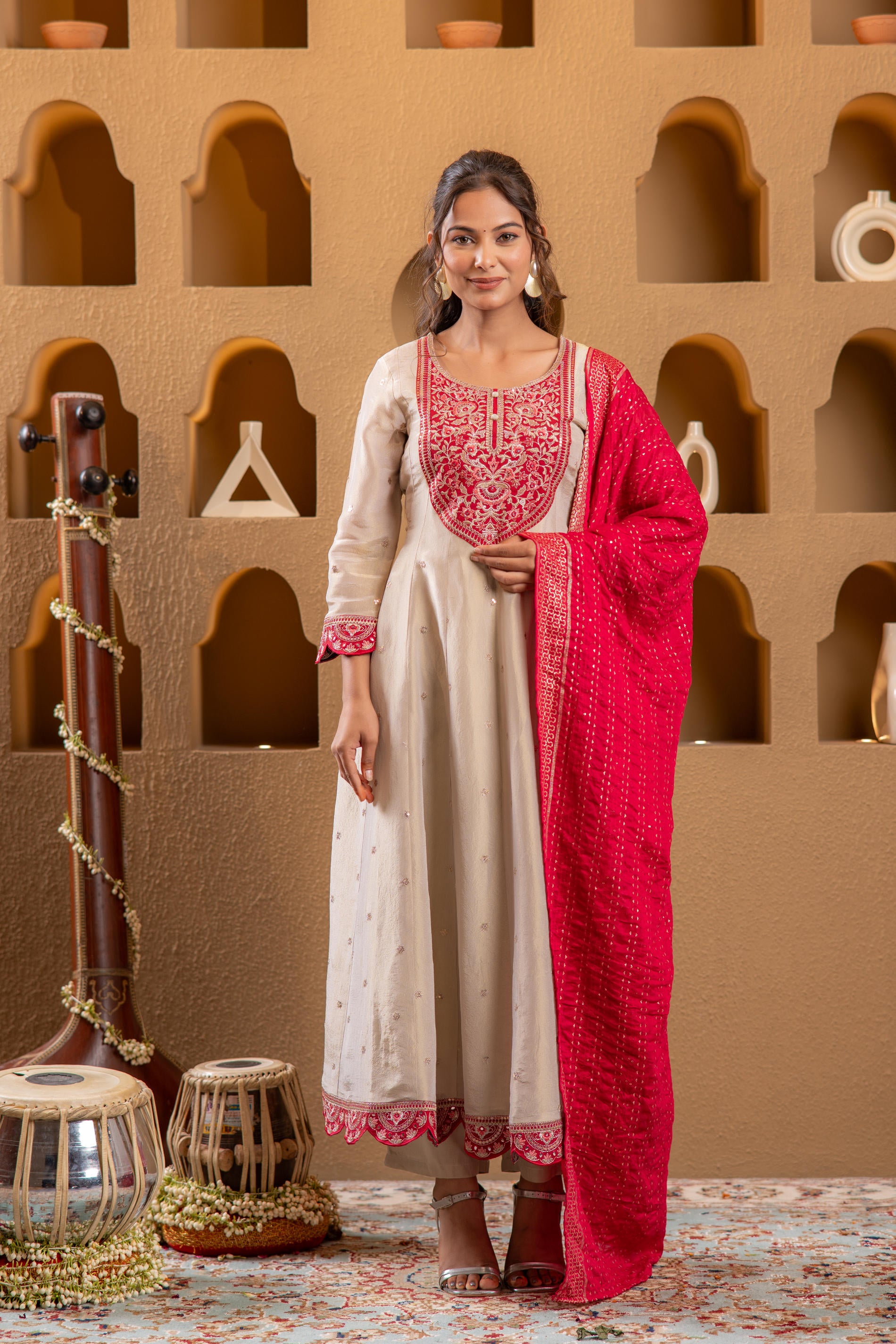 Ivory Anarkali Kurta Set with Pink Thread Embroidery &  Dupatta