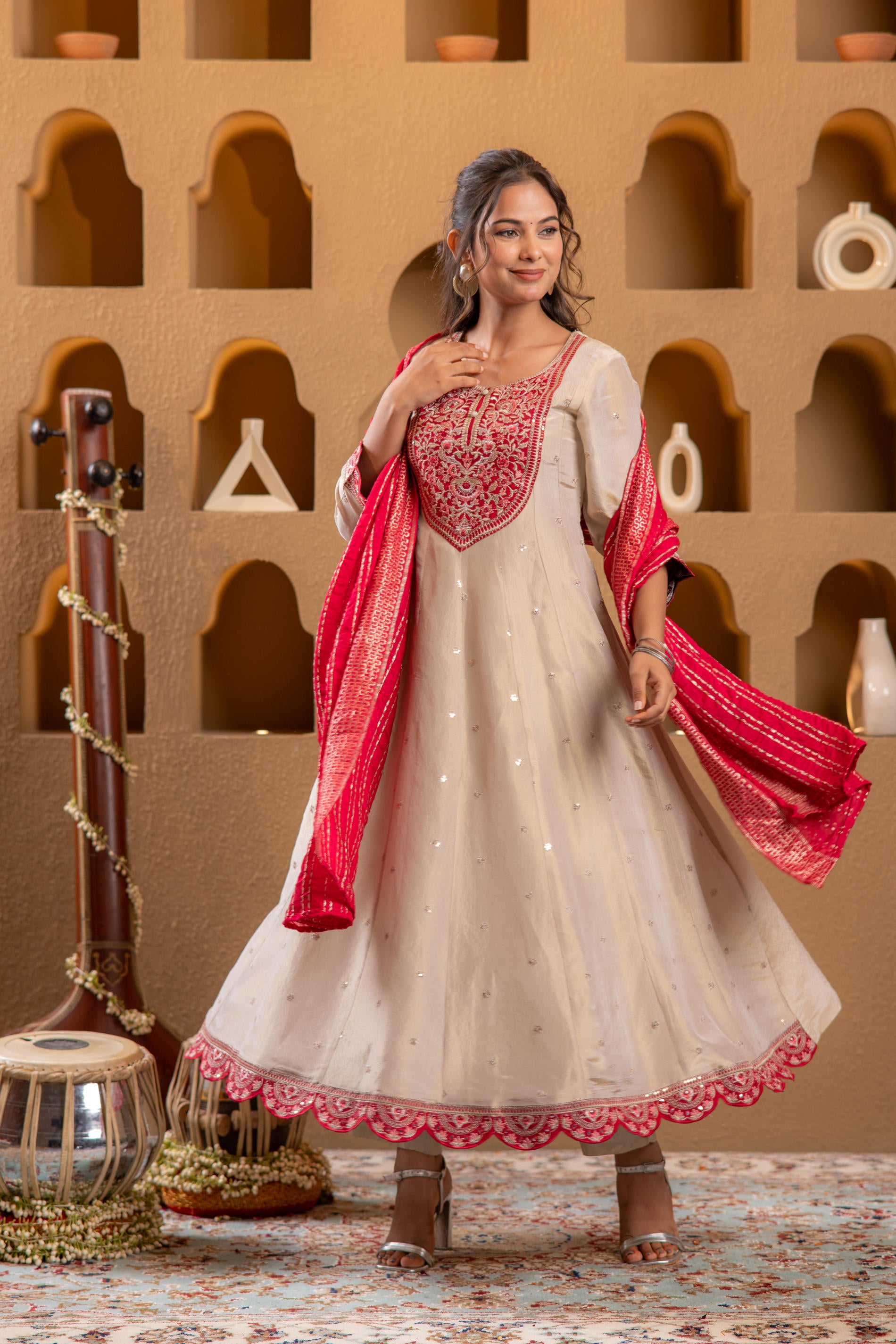 Ivory Anarkali Kurta Set with Pink Thread Embroidery &  Dupatta