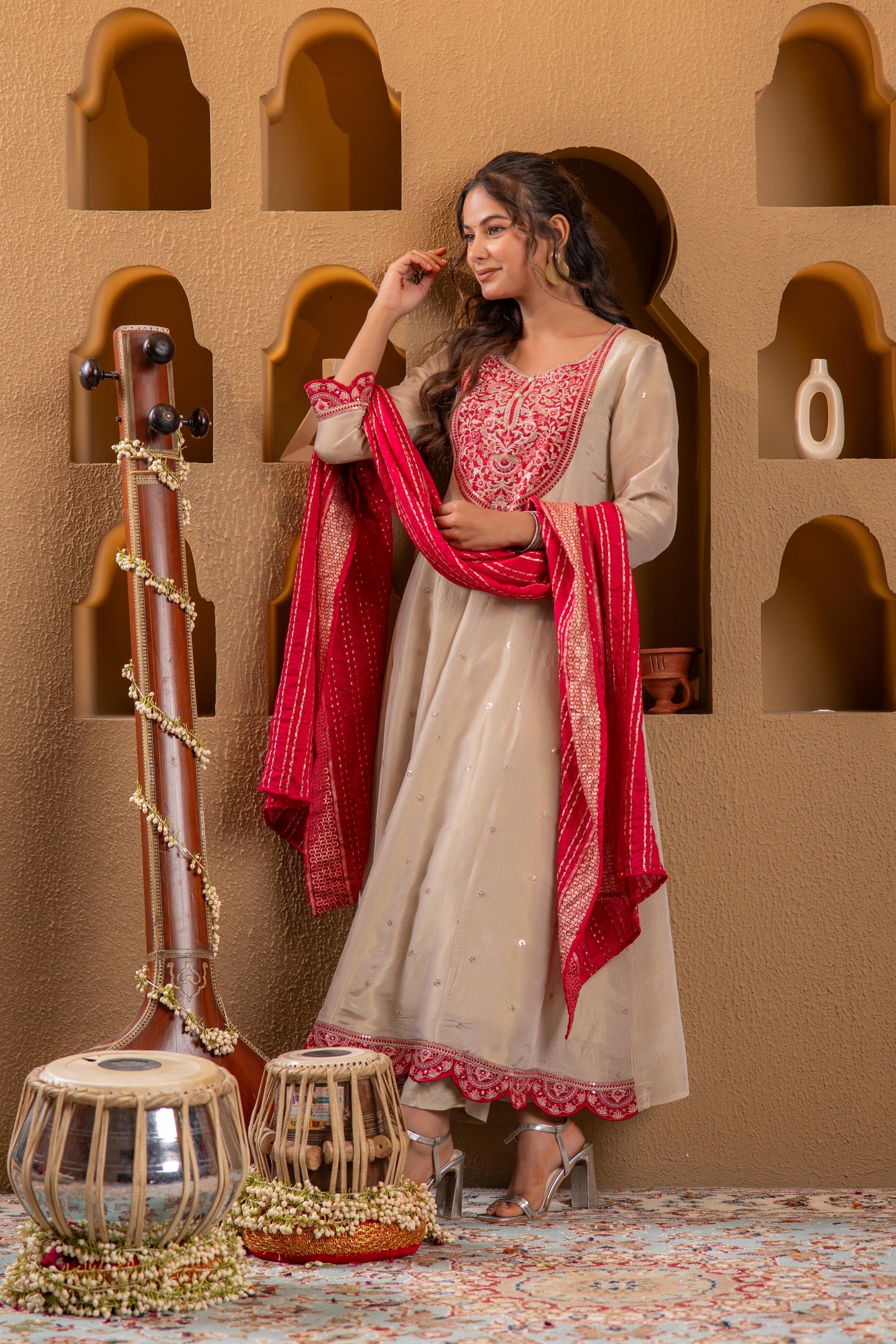 Ivory Anarkali Kurta Set with Pink Thread Embroidery &  Dupatta