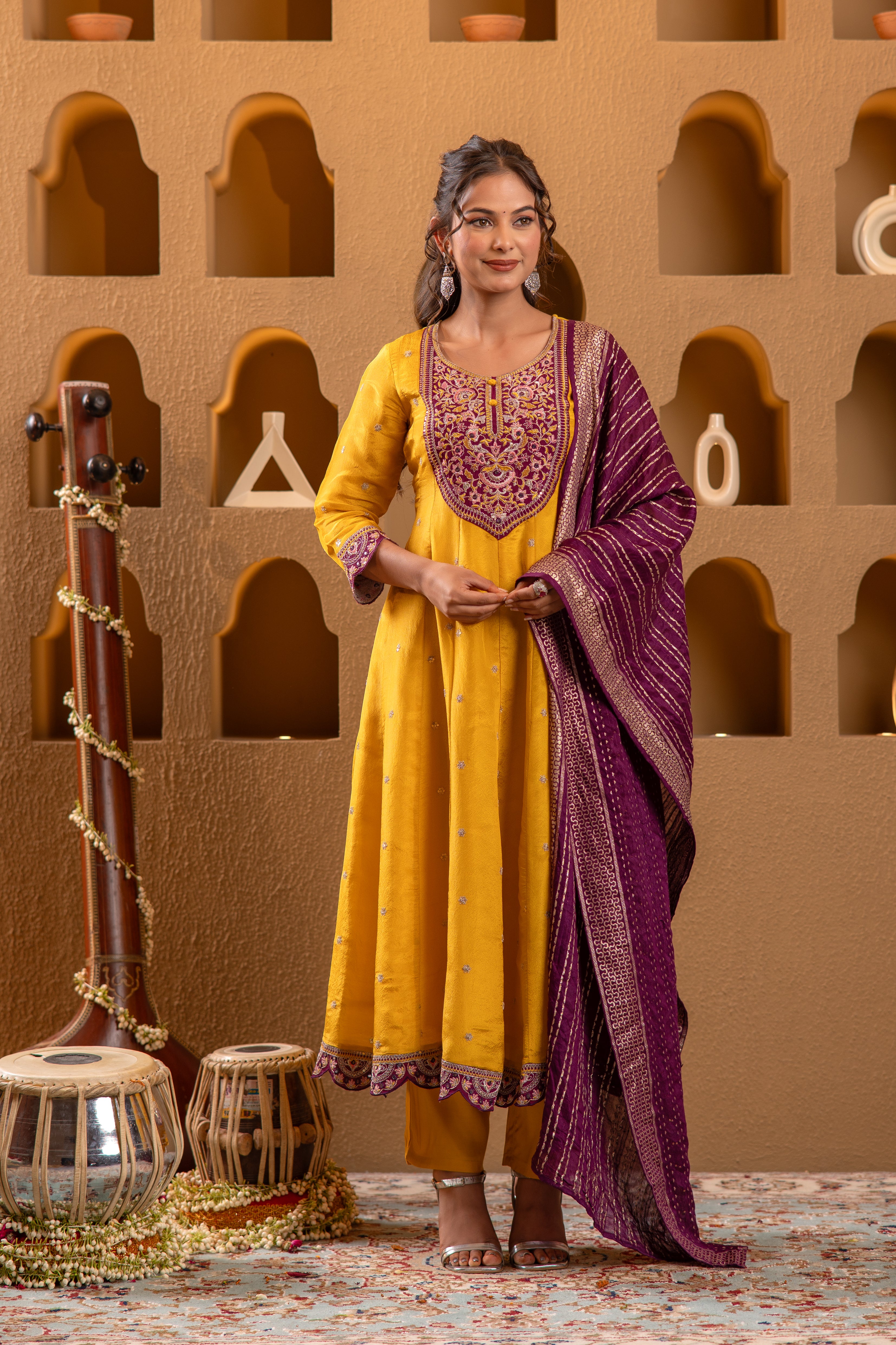 Mustard Nylon Flared Kurta Pant And Dupatta Set with Zari, Mirror, Thread & Sequin Work