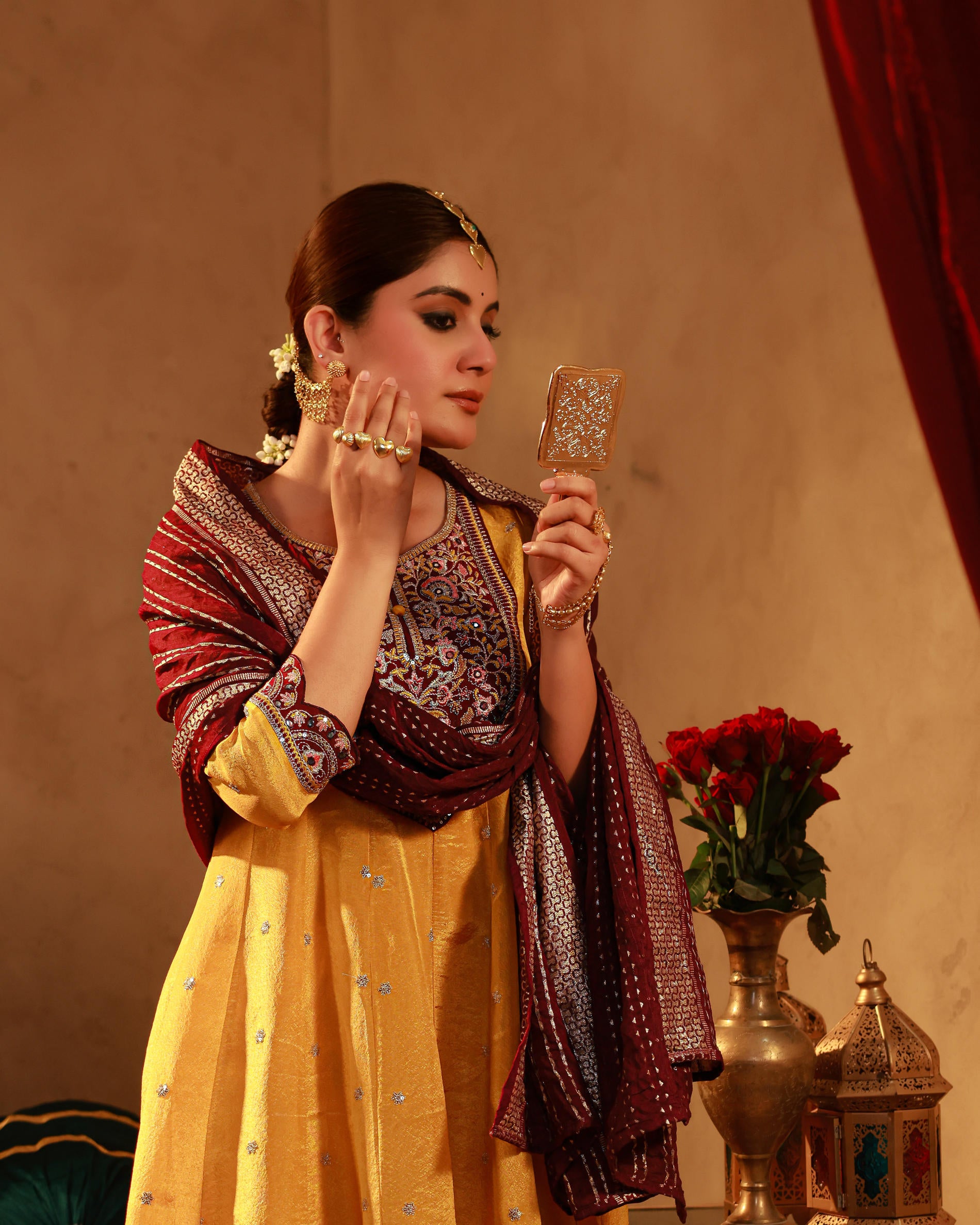 Mustard Nylon Flared Kurta Pant And Dupatta Set with Zari, Mirror, Thread & Sequin Work