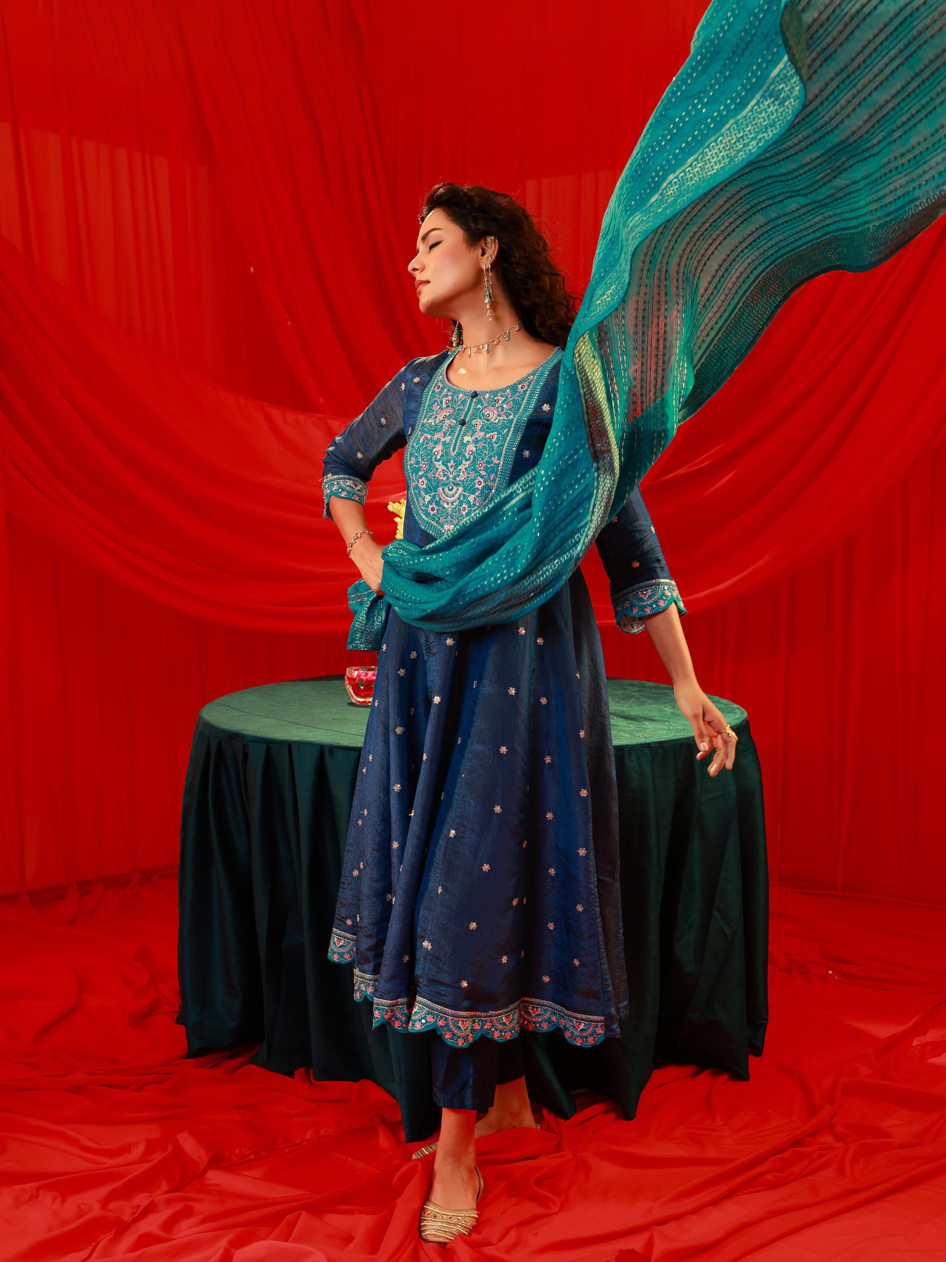 Navy Blue Nylon Flared Kurta Pant And Dupatta Set with Zari, Mirror, Thread & Sequin Work