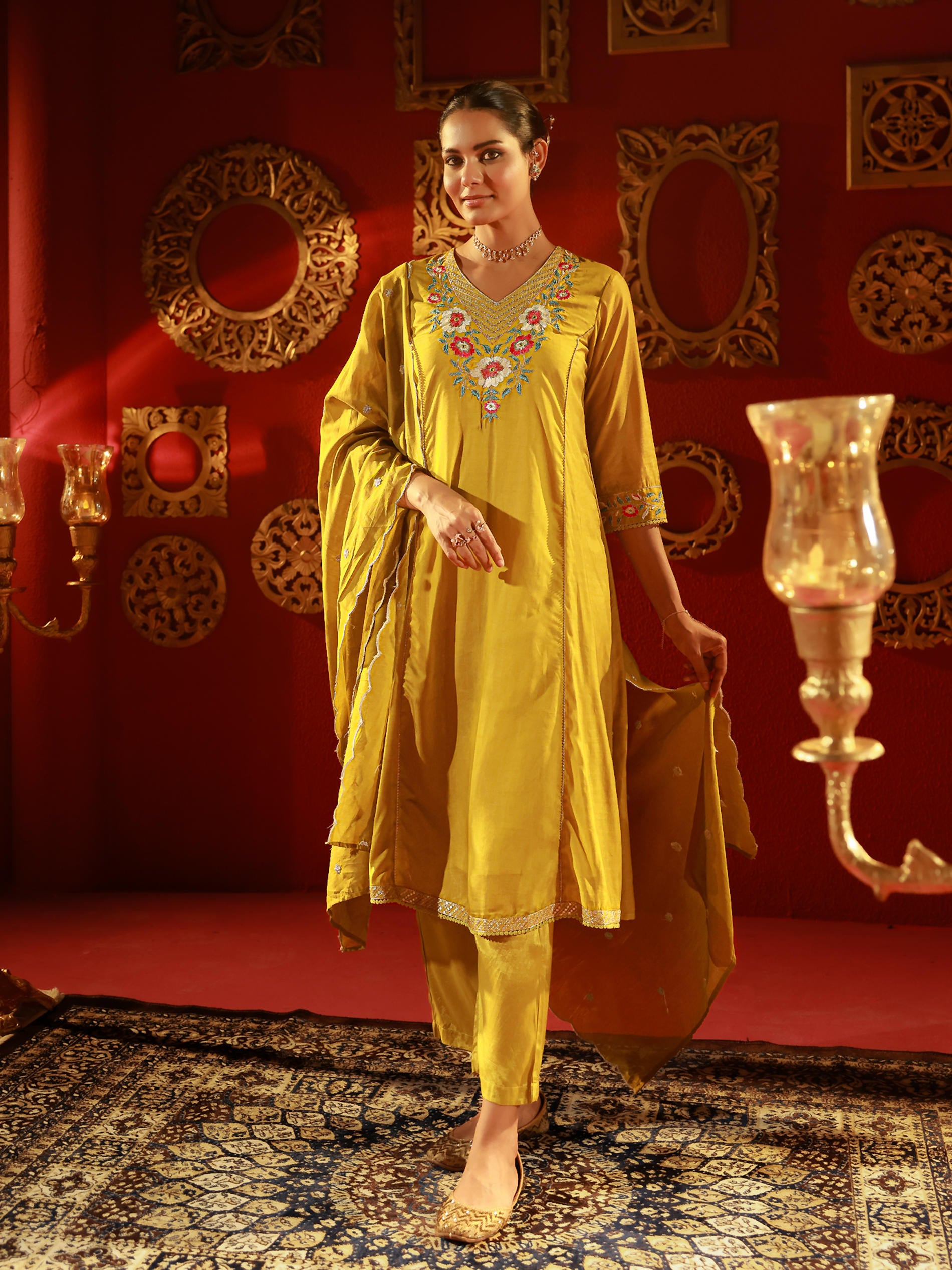 Mustard Viscose Flared Kurta with Pants & Dupatta Set with Thread & Zari Work