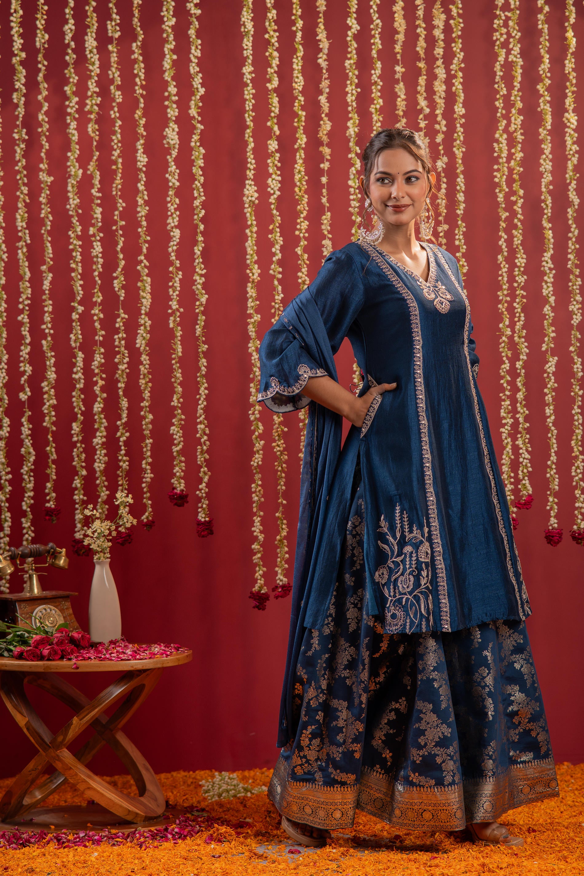 Regal Navy Blue Embroidered  Set with Dupatta