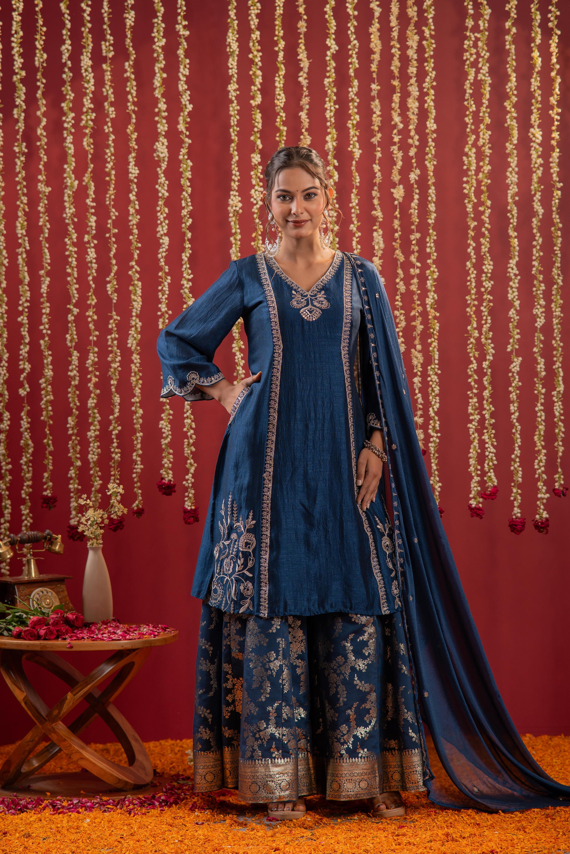 Regal Navy Blue Embroidered  Set with Dupatta