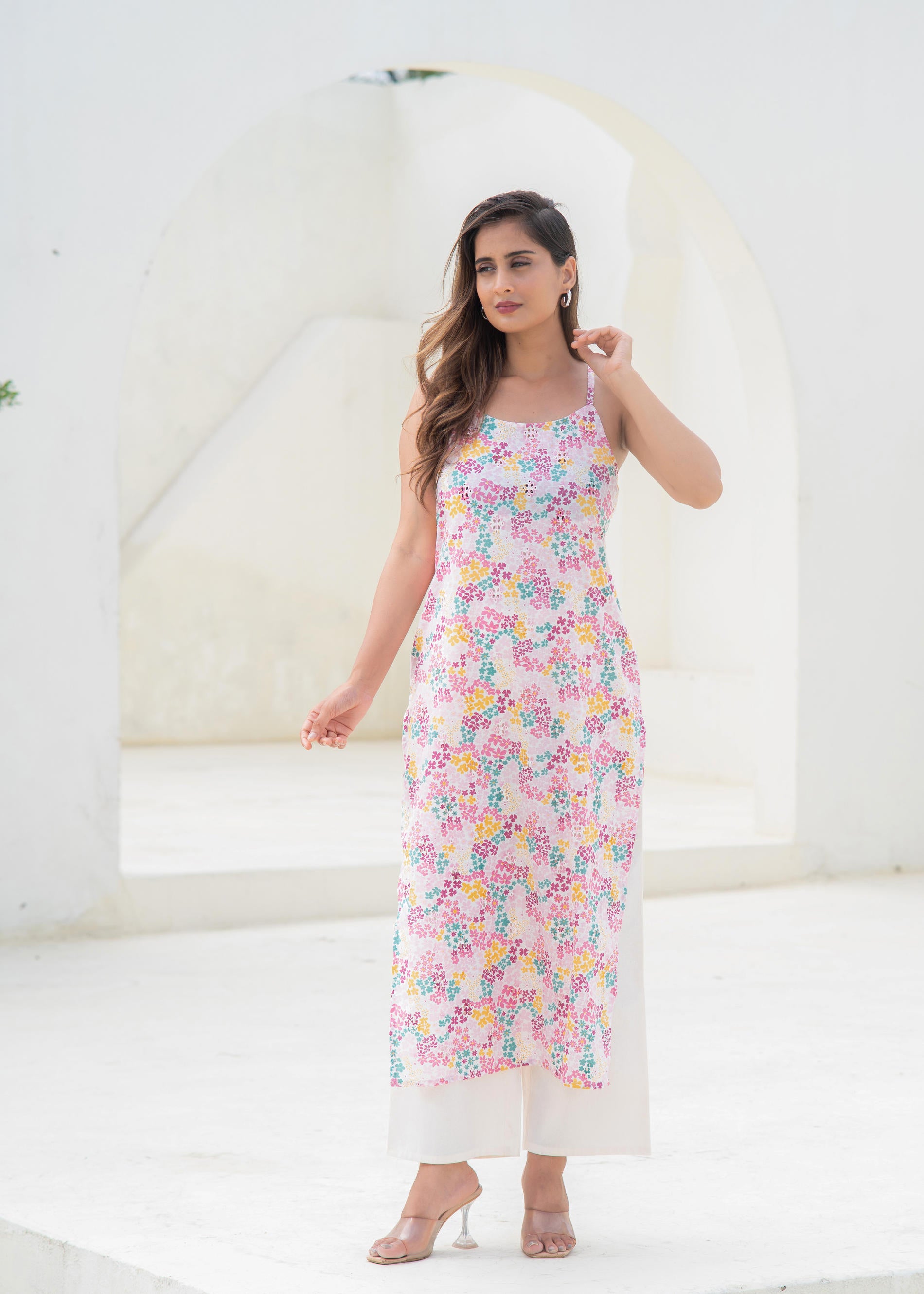 Pink Floral Printed Sleeveless Cotton Kurta