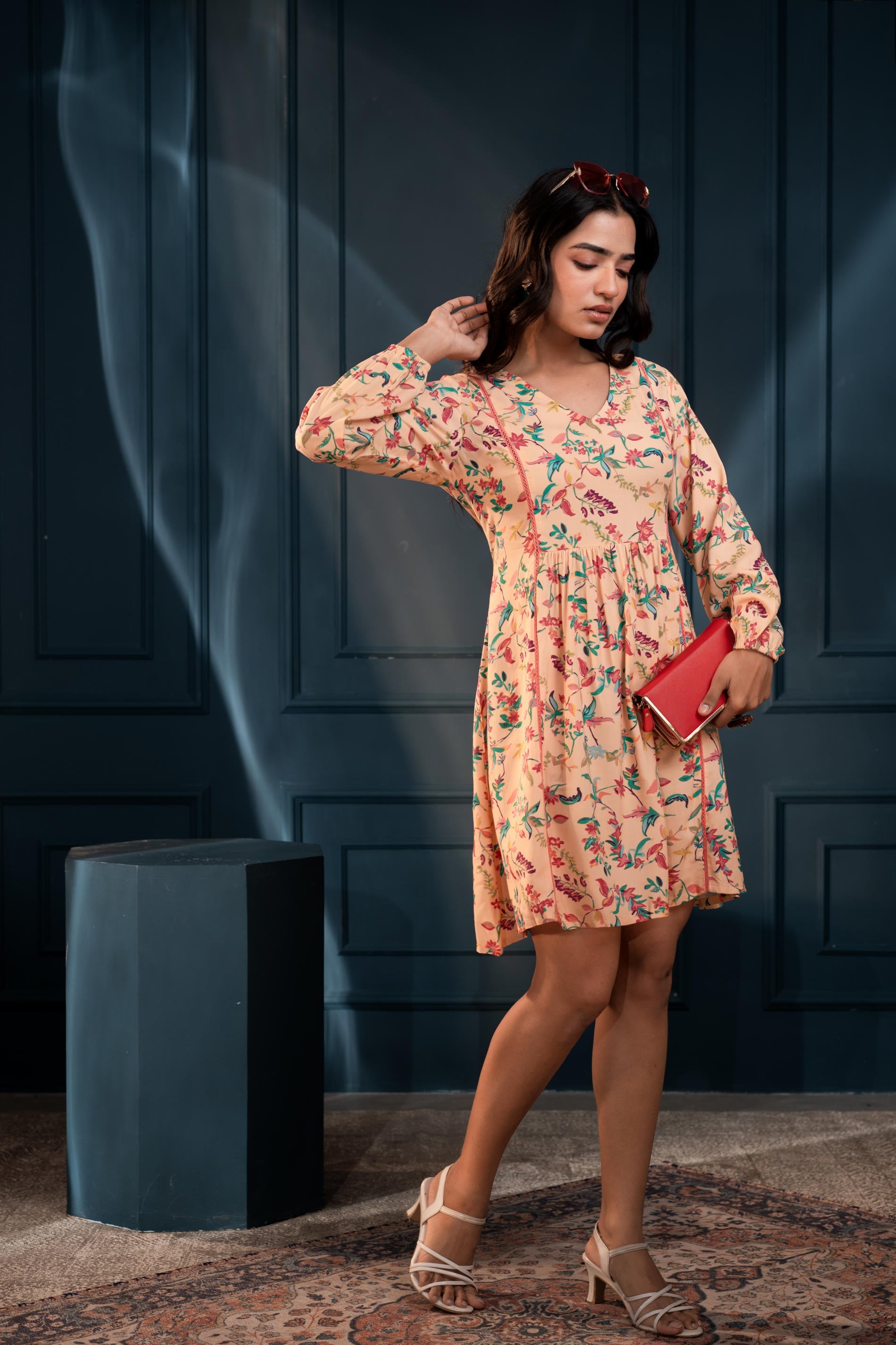 Floral Printed Fit & Flare Viscose Dress with Full Sleeves