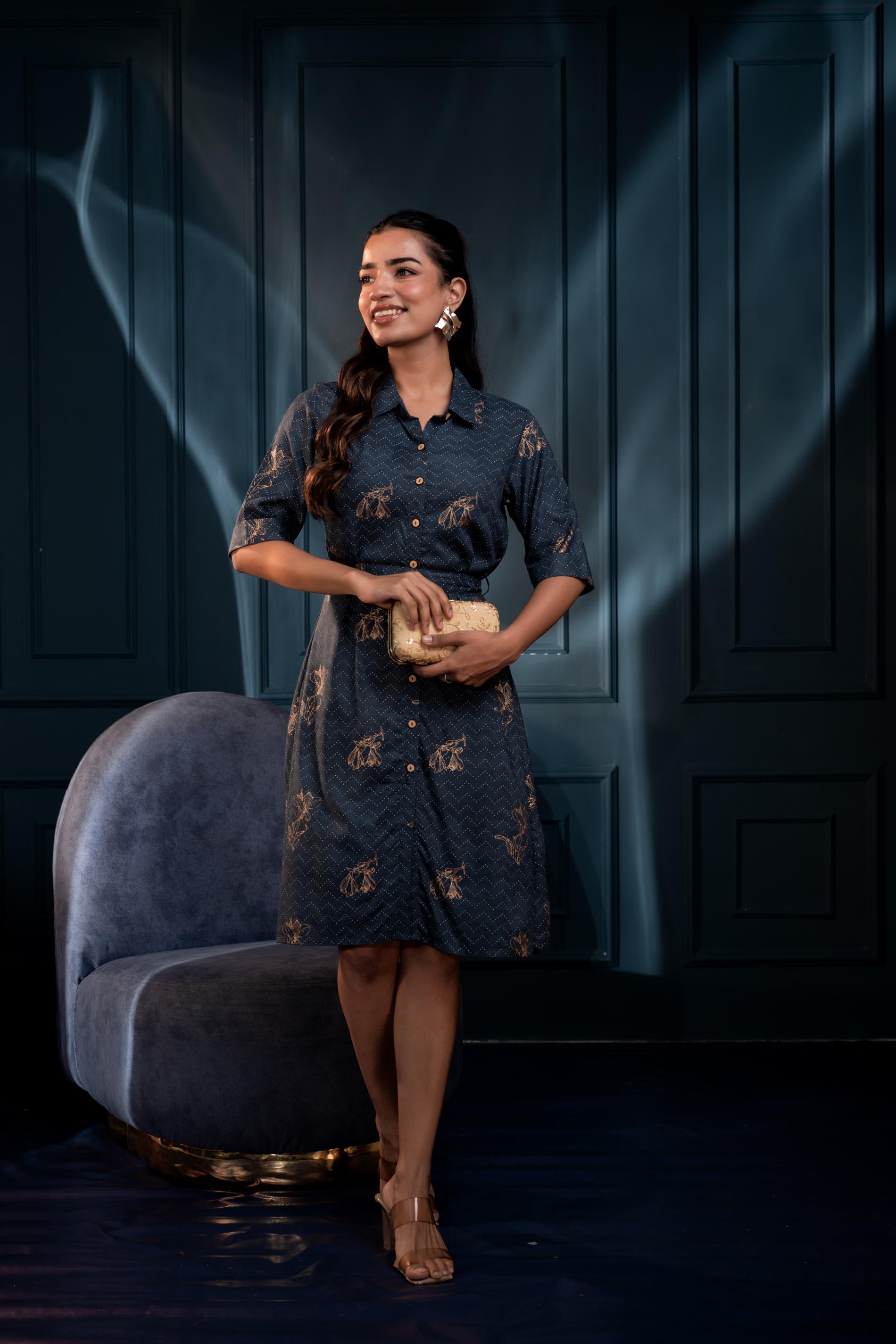 Teal Zig?Zag Print Button?Down Cotton Shirt Dress with Belt