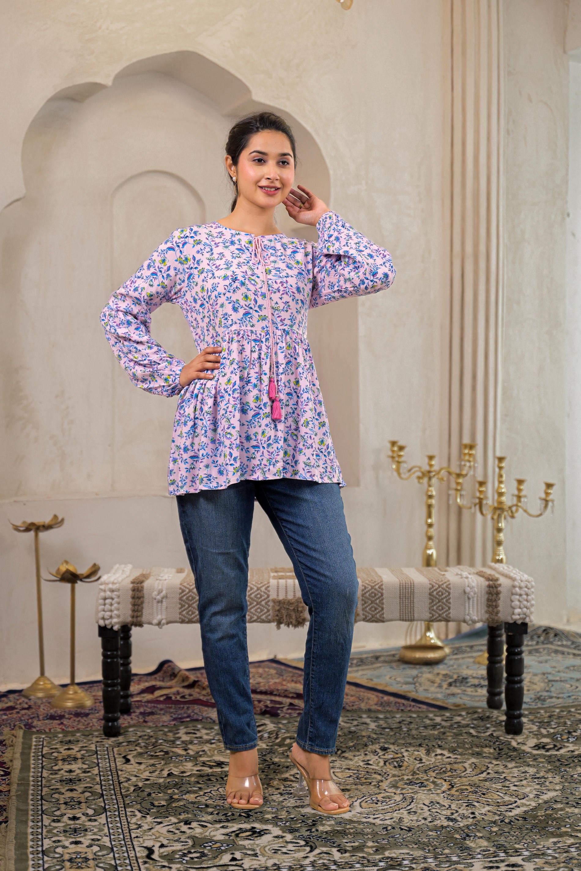 Baby Pink & Blue Floral Printed Viscose GaThread Tunic with Dori Tie