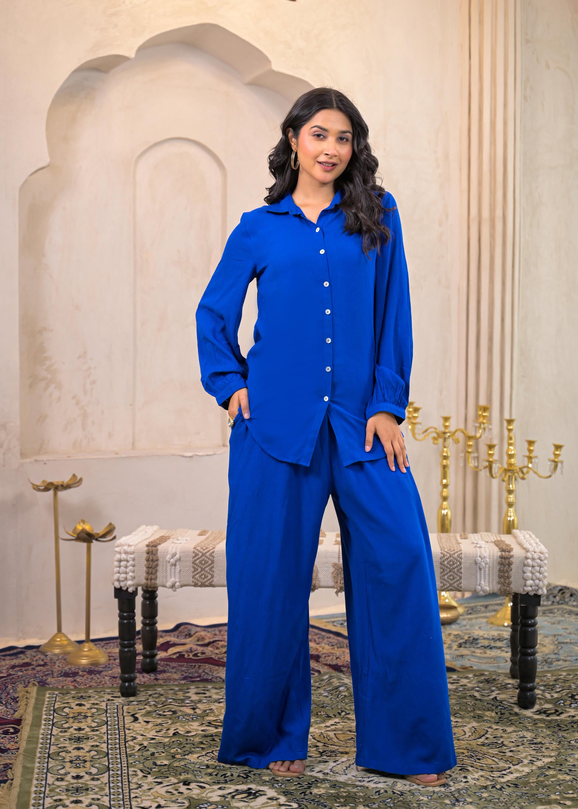 Royal Blue Viscose Co-ord Set – Shirt & Palazzo with Parsley Waistband