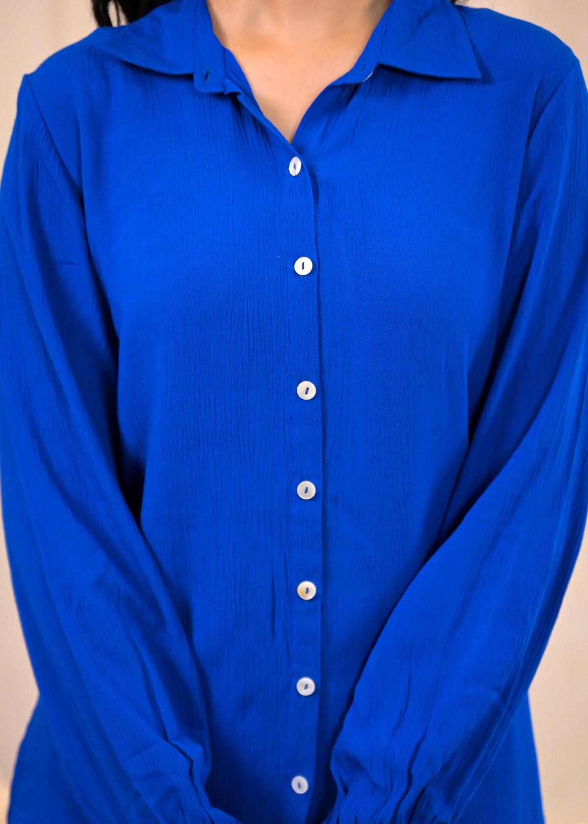royal blue dress shirt for woman Royal Blue Viscose Co-ord Set – Shirt & Palazzo with Parsley Waistband