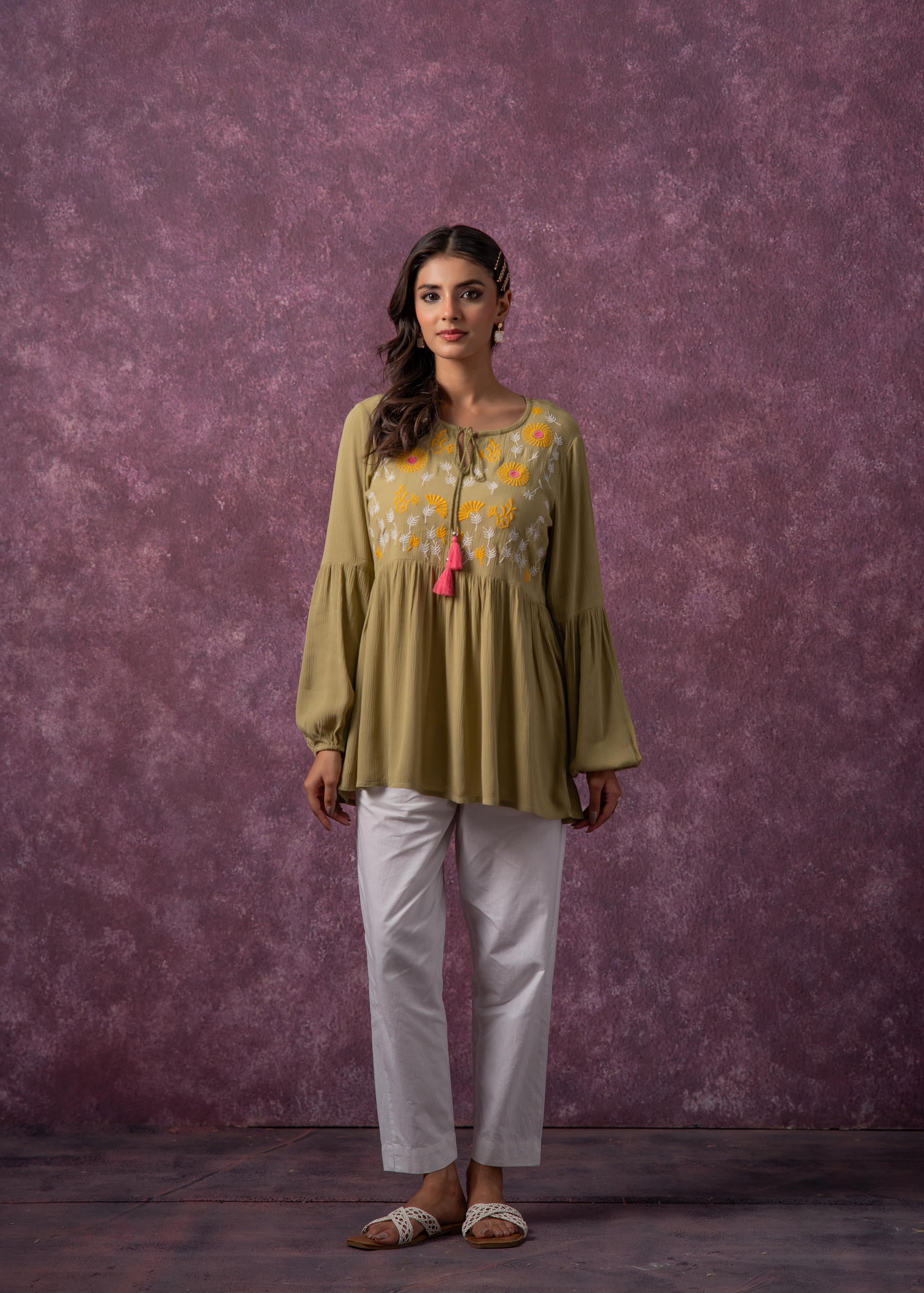 Women's Green, Mustard & White Embroidered Viscose Tunic with Dori and Tassels