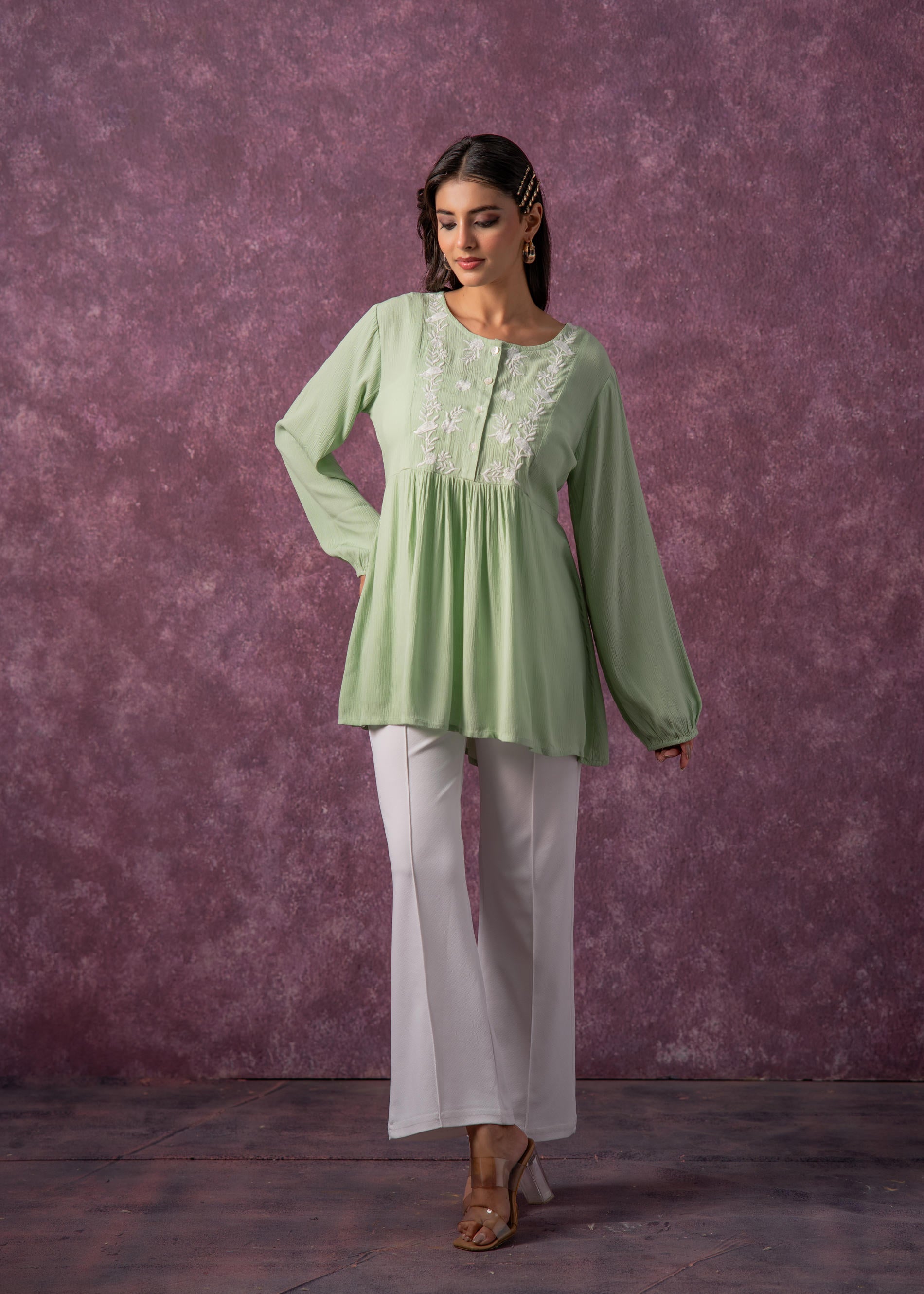 Women's Mint & White Embroidered Viscose Tunic with Thread Work and Buttons