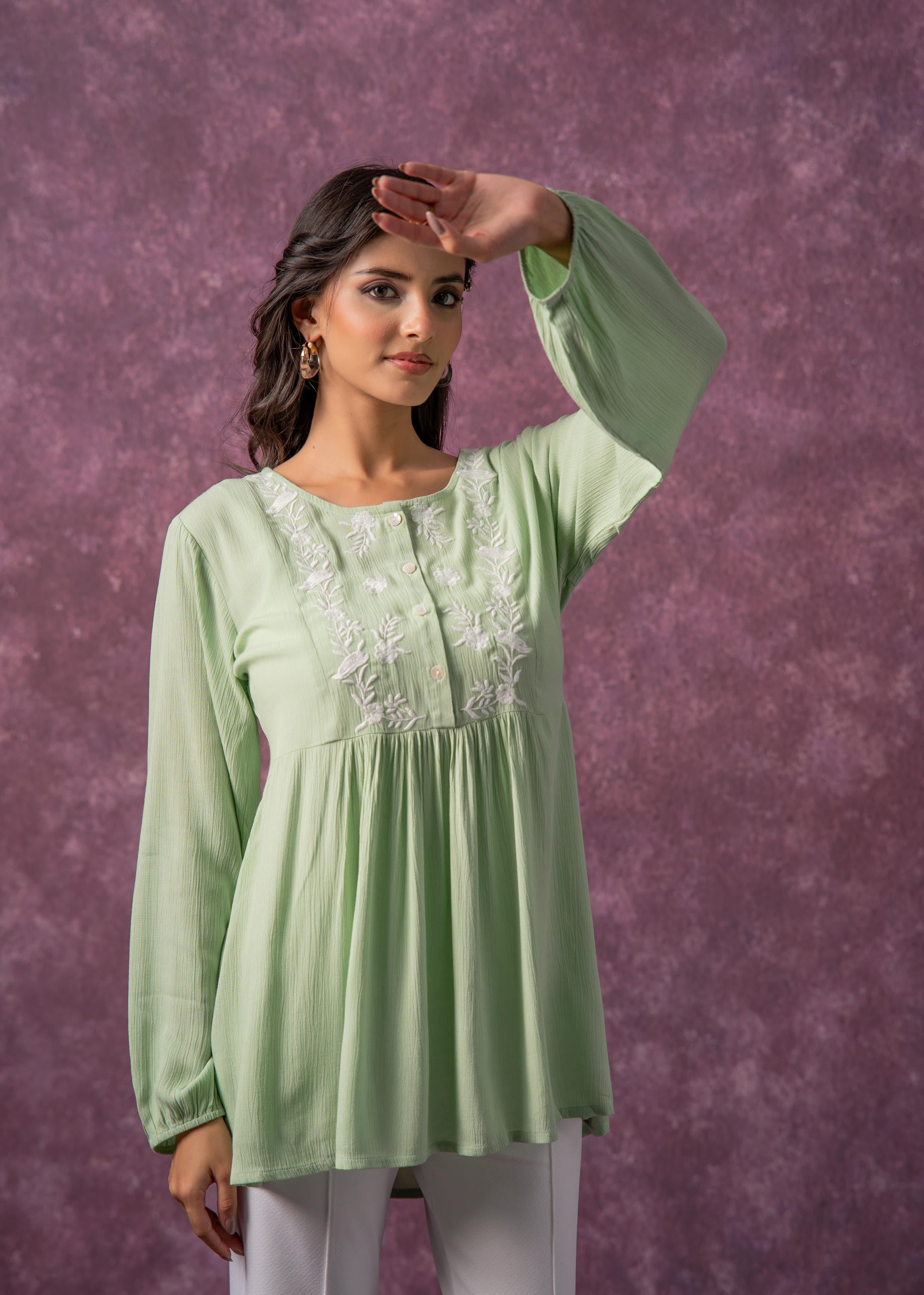 Women's Mint & White Embroidered Viscose Tunic with Thread Work and Buttons