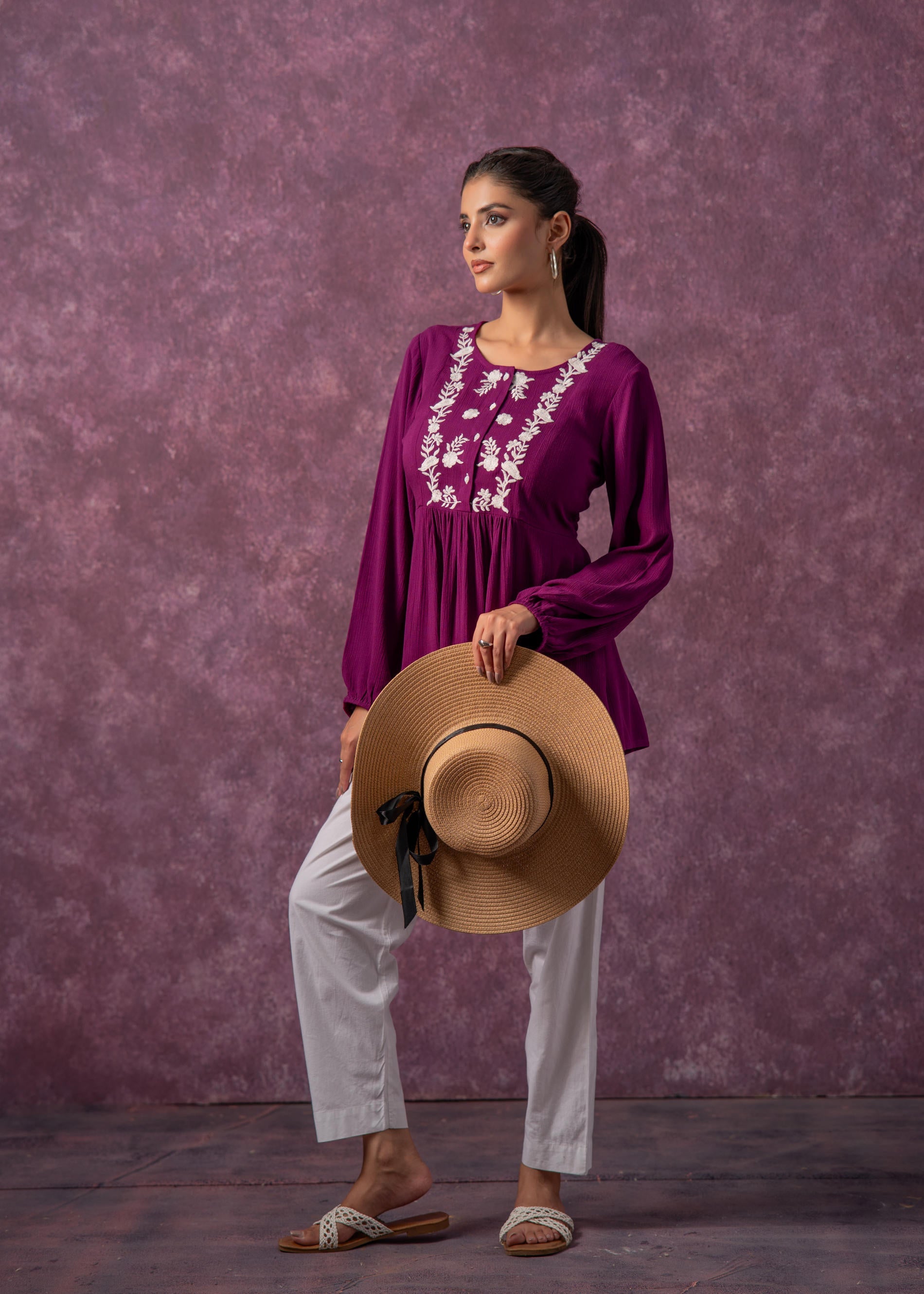 Women's Mint & White Embroidered Viscose Tunic with Thread Work and Buttons