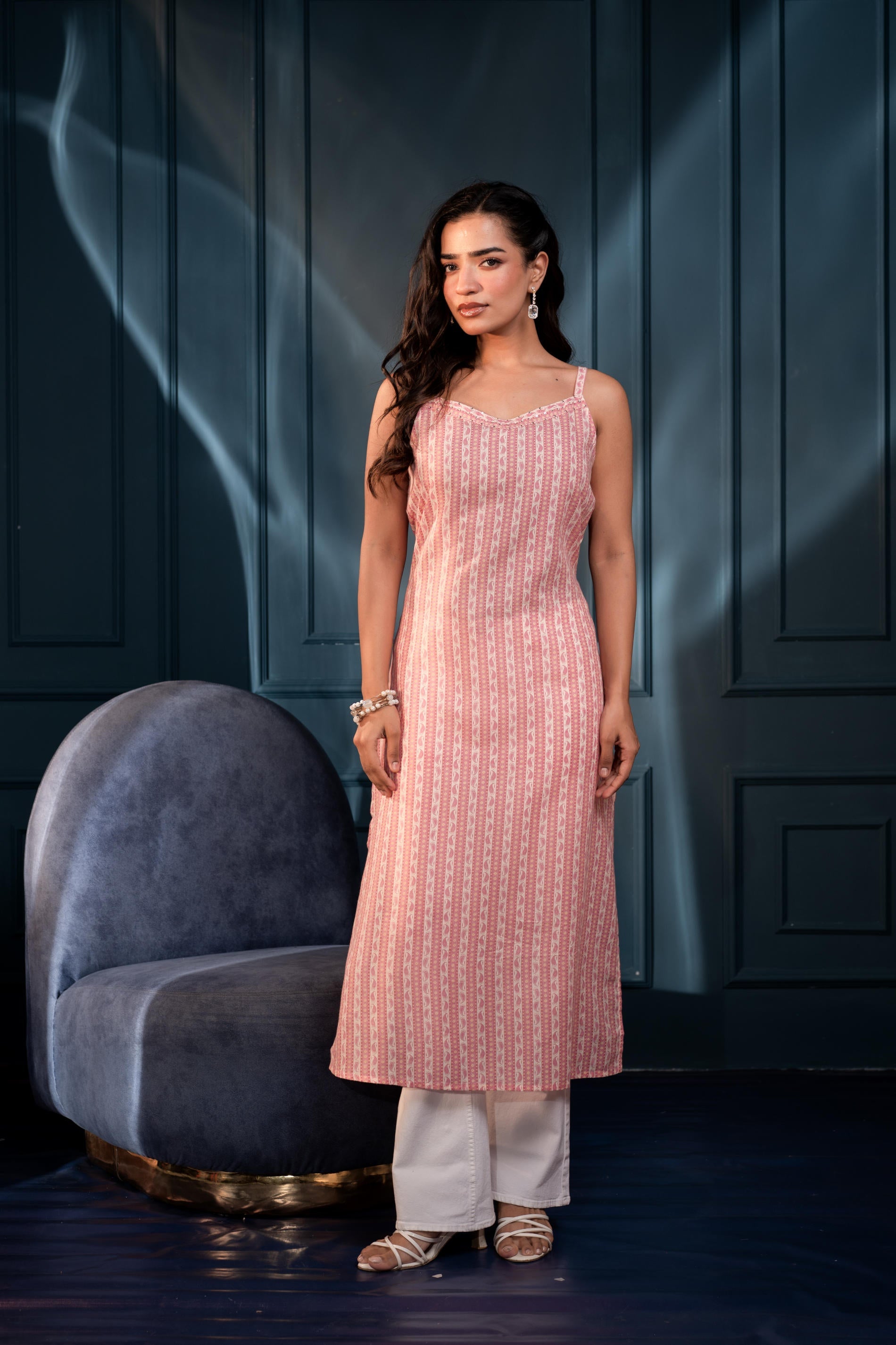 Women's Pink Ethnic Motifs Kurta in Man-Made Fiber with Sequin Detailing