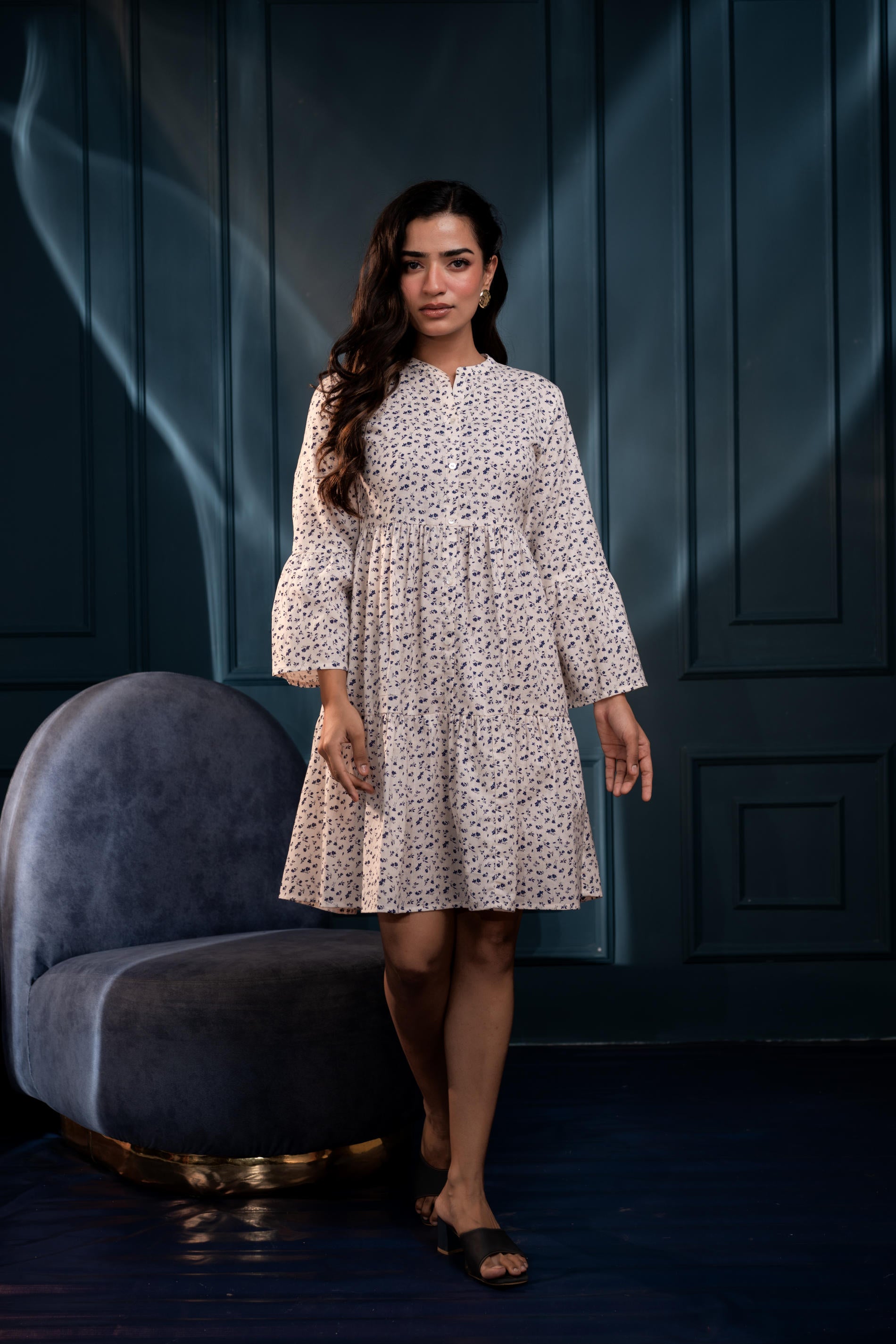 Off-White & Blue Floral Cotton Tiered Dress