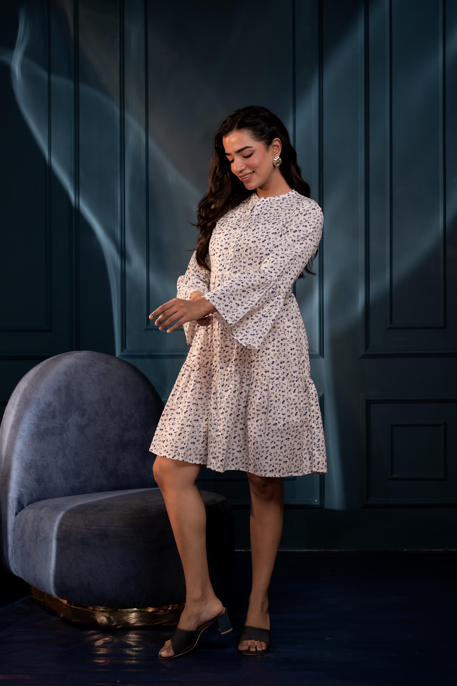 Off-White & Blue Floral Cotton Tiered Dress