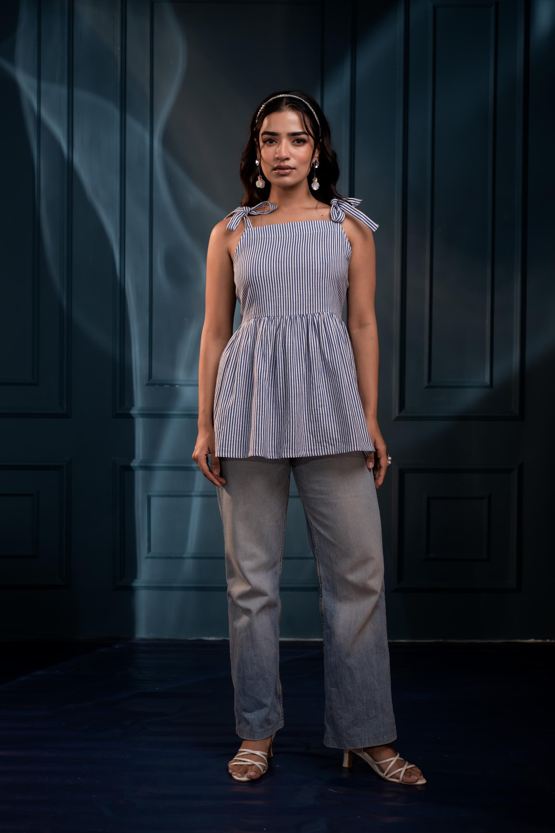 Women's Blue & White Striped Flared Cotton Top