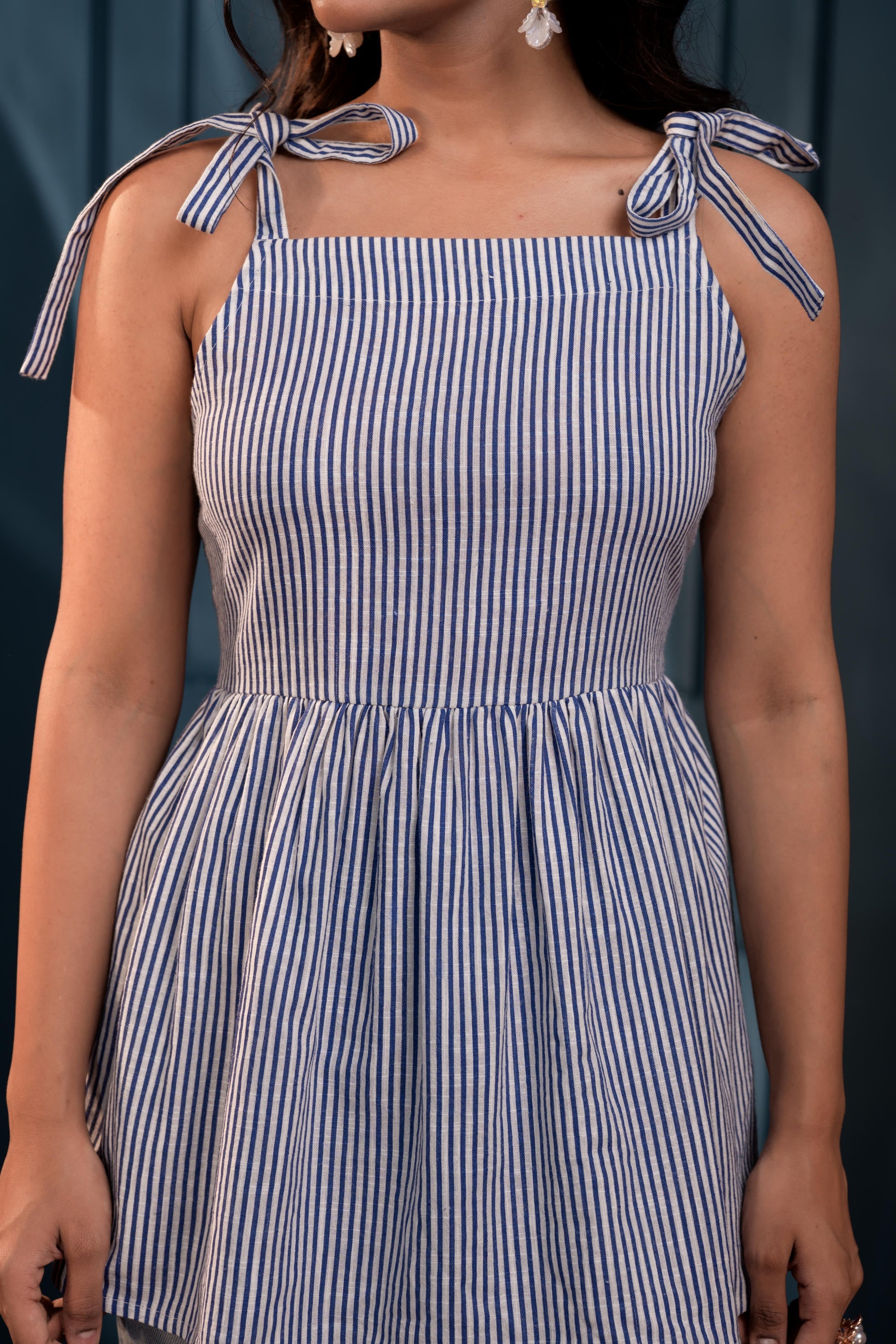 Women's Blue & White Striped Flared Cotton Top