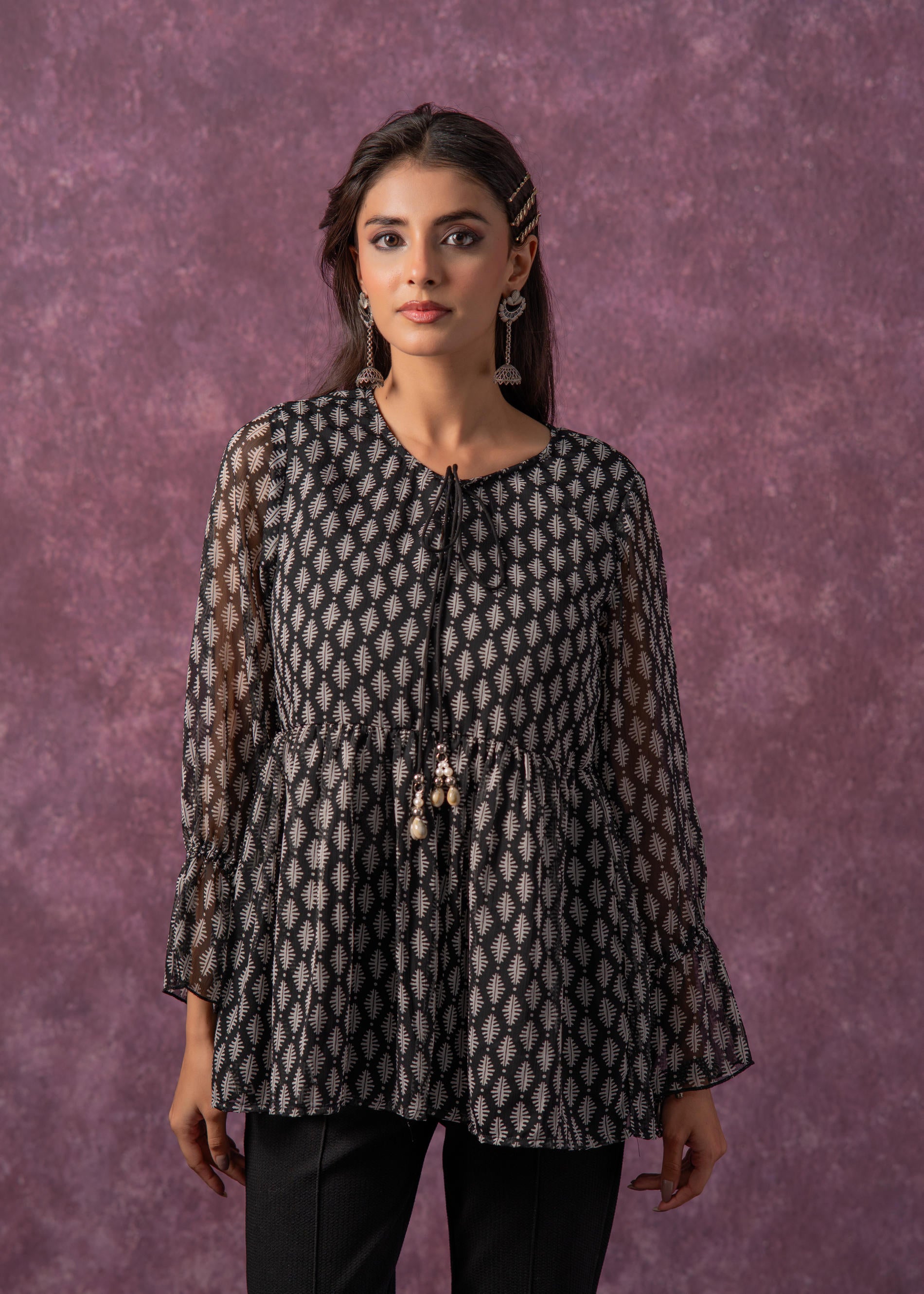Women's Black & White Ethnic Motifs Tunic with Dori, Kaudi & Munga Details
