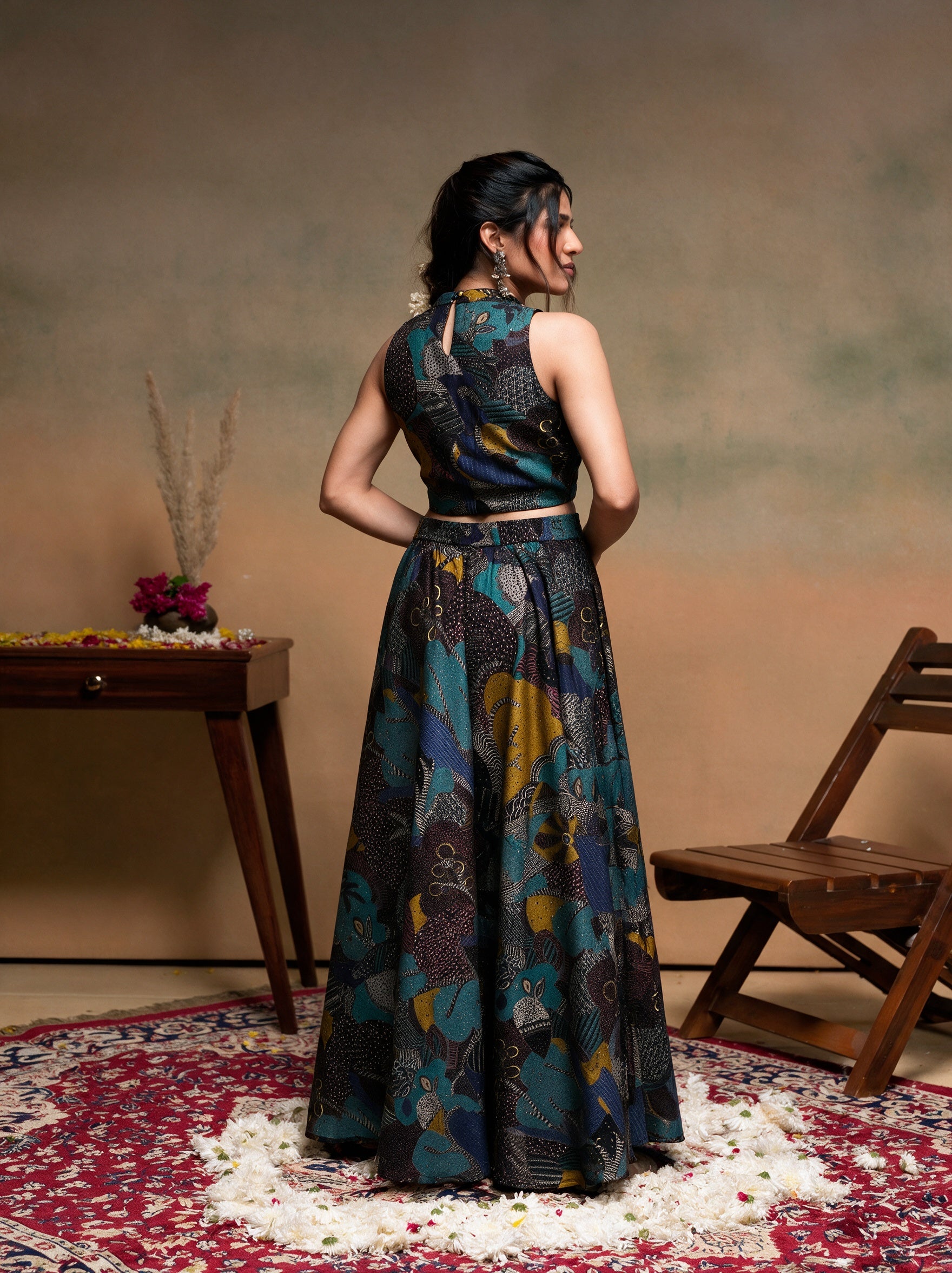 Women's Black Ethnic Motifs Co-ord Set with Turtle Neck Top & FlaBlack Skirt