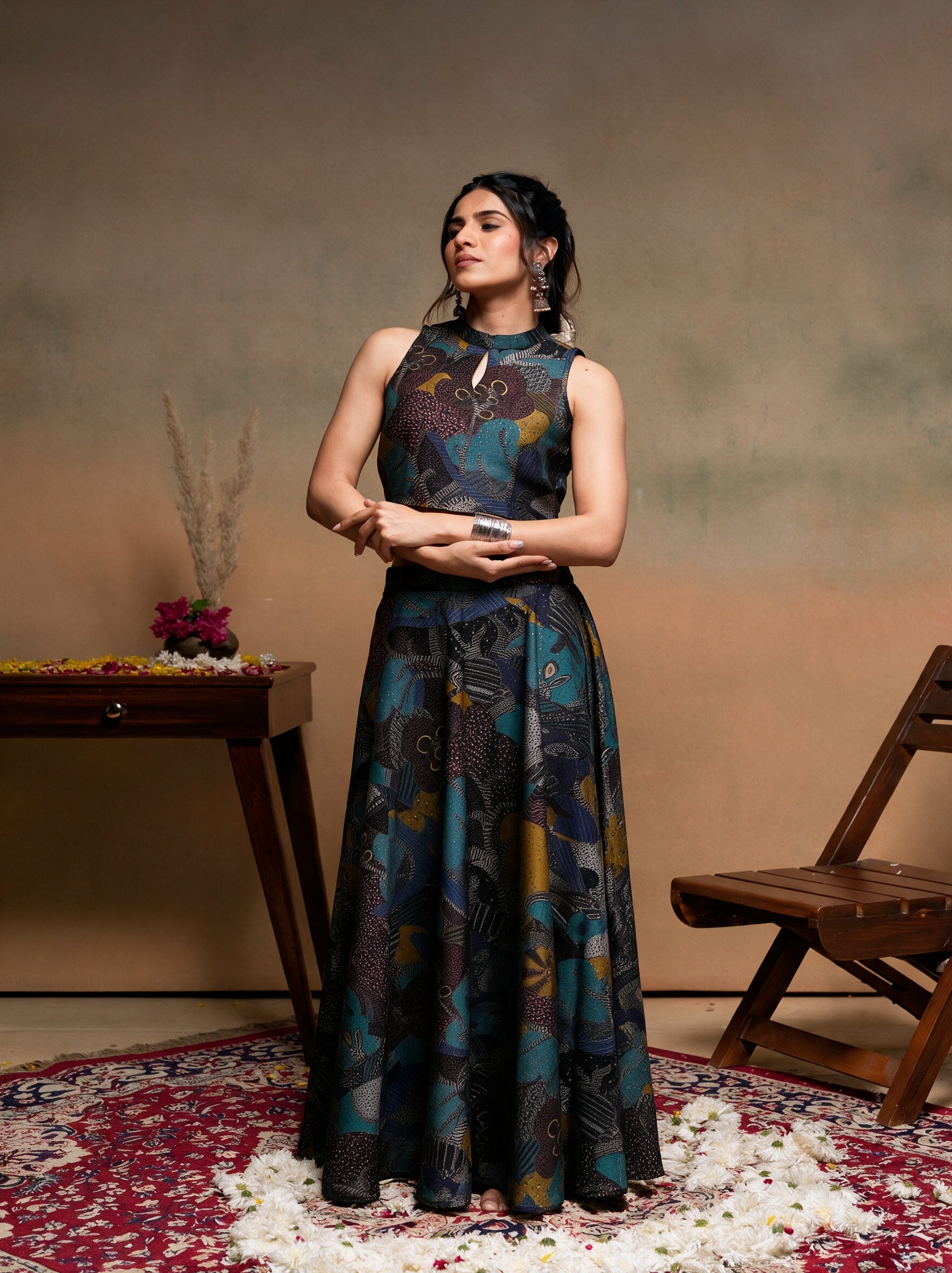 Women's Black Ethnic Motifs Co-ord Set with Turtle Neck Top & FlaBlack Skirt