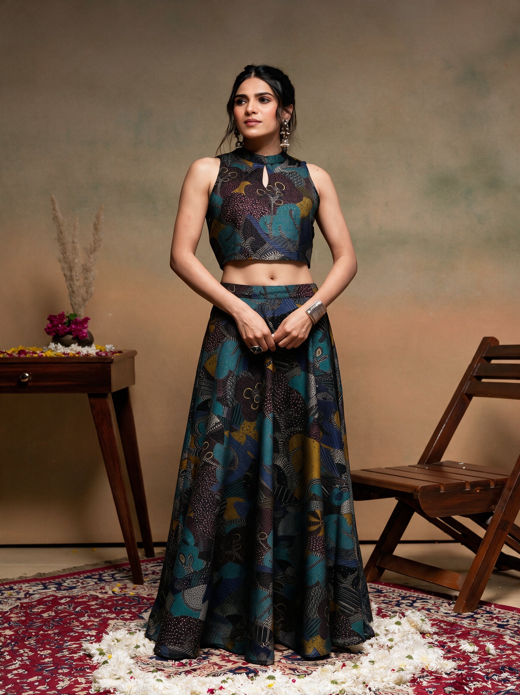 Women's Black Ethnic Motifs Co-ord Set with Turtle Neck Top & FlaBlack Skirt