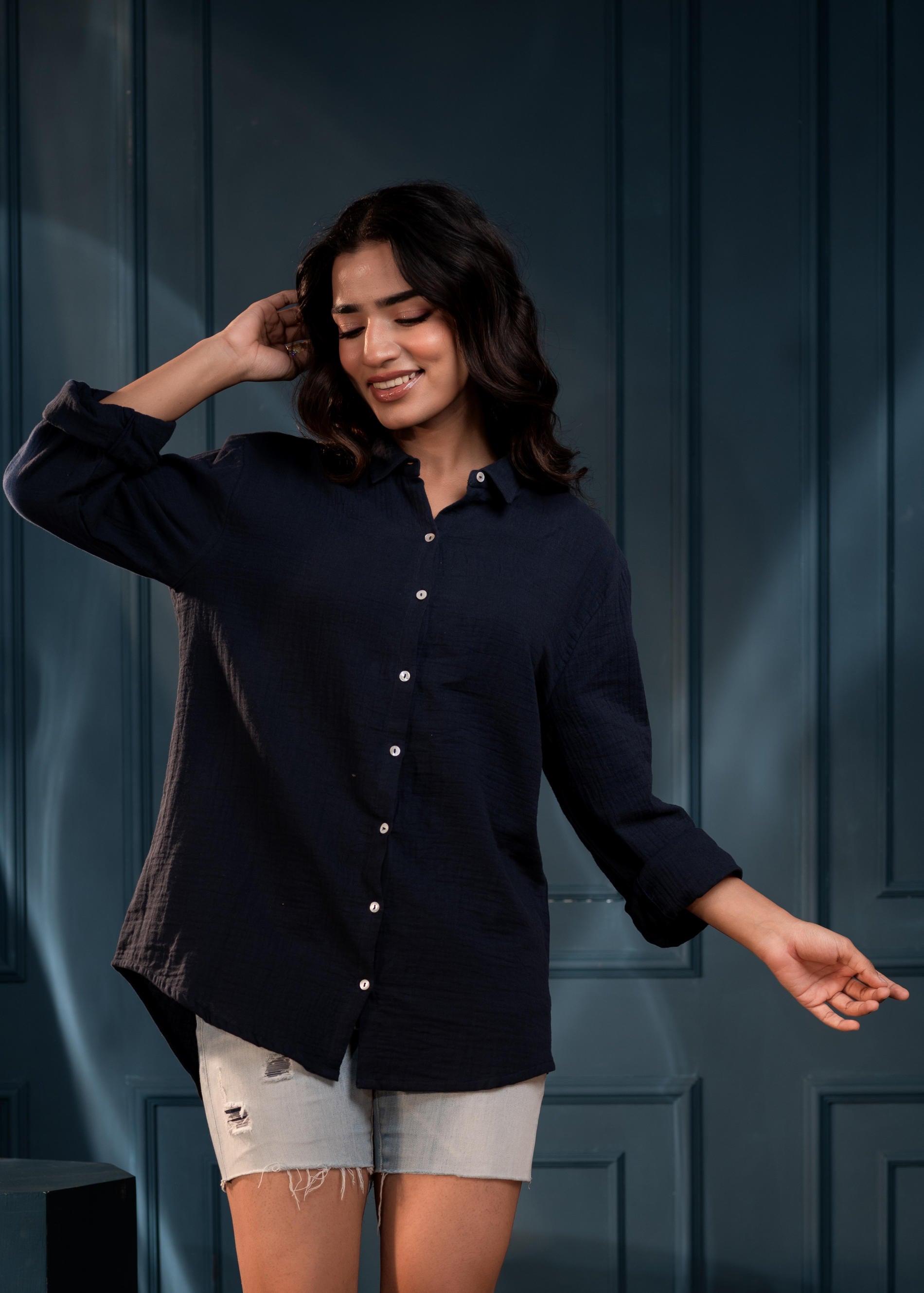 Women's Navy Cotton Shirt with Full Sleeves and Front Slit