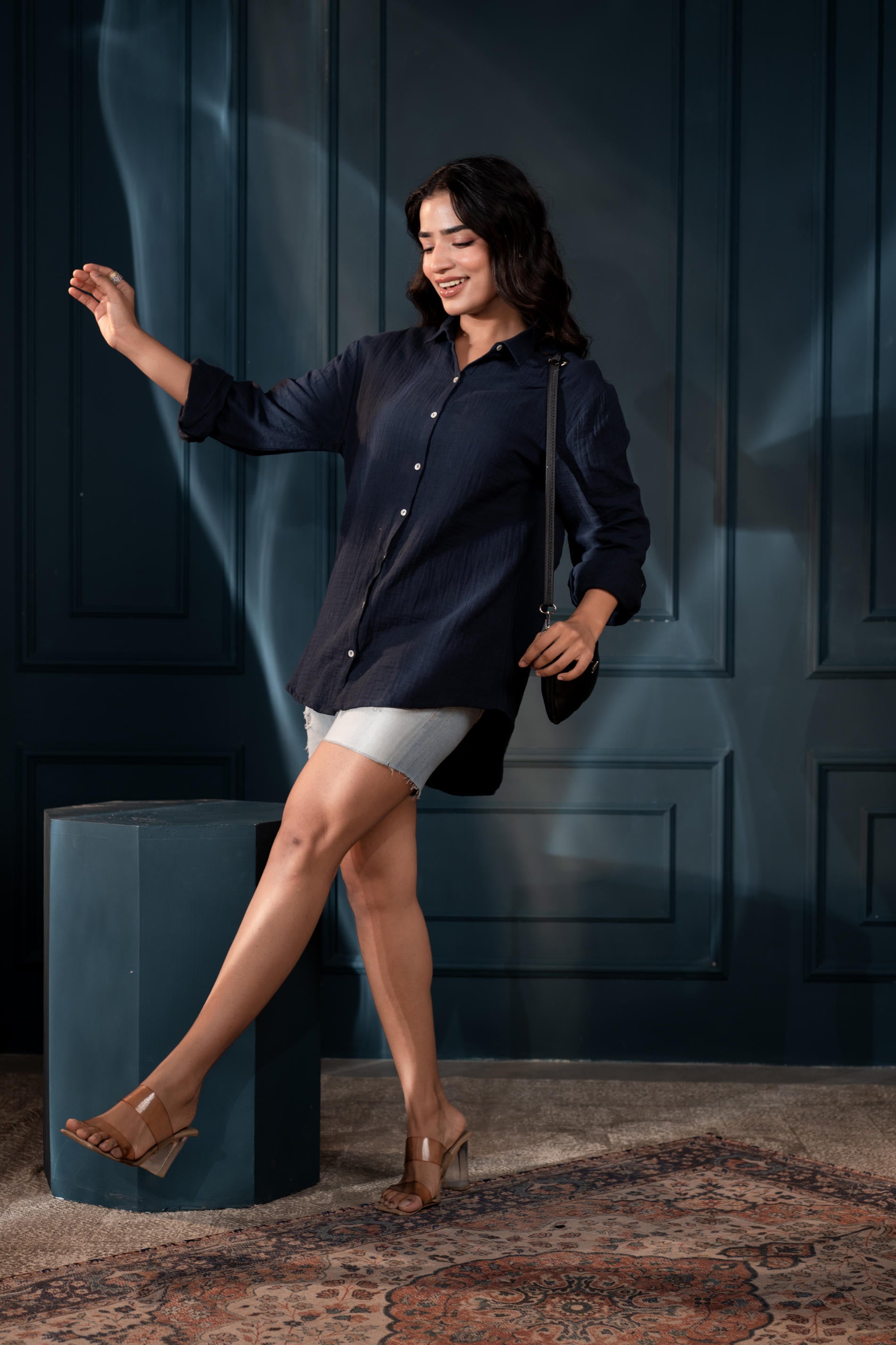 Women's Navy Cotton Shirt with Full Sleeves and Front Slit