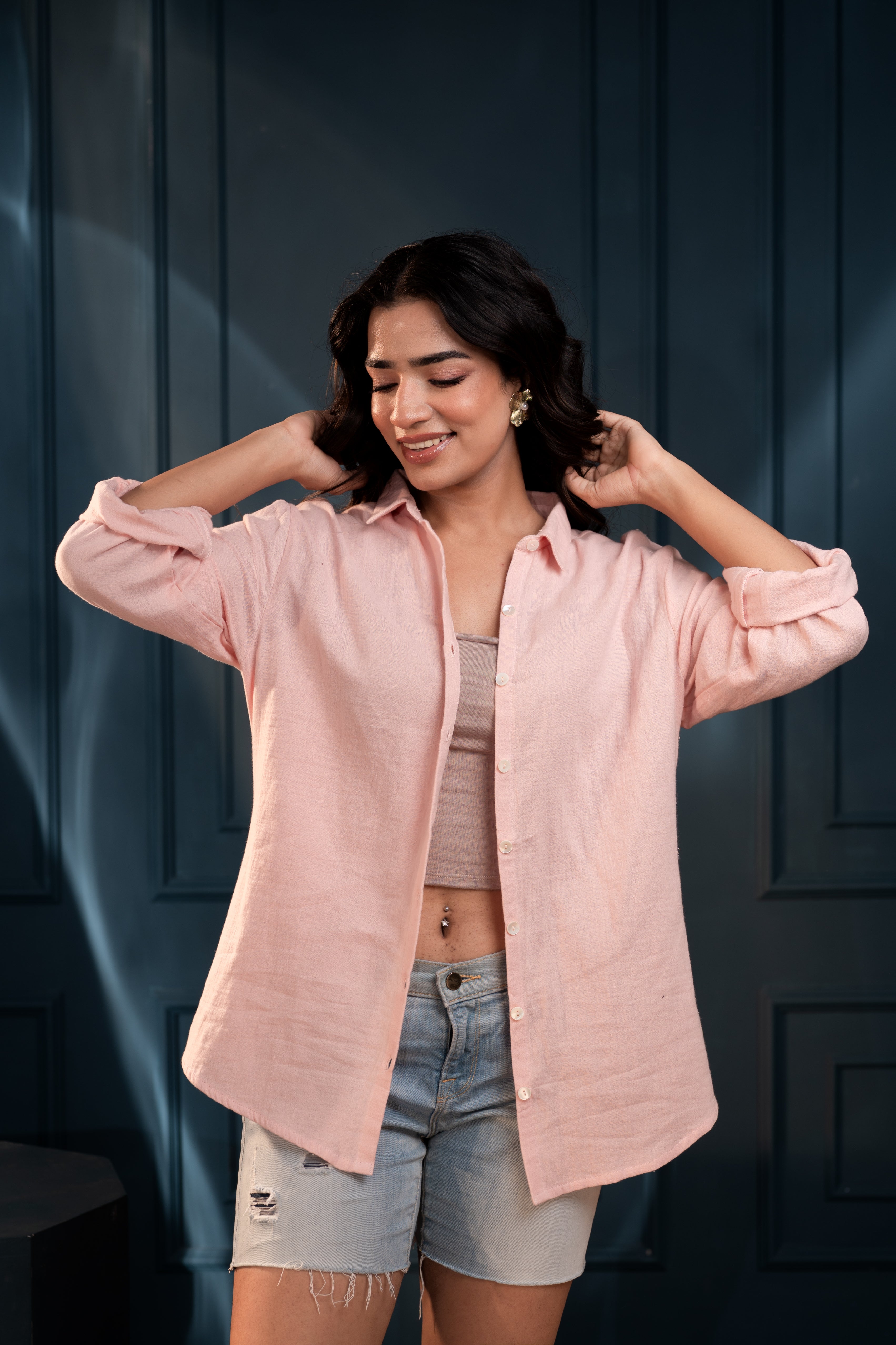 Women's peach Cotton Shirt with Full Sleeves and Front Slit