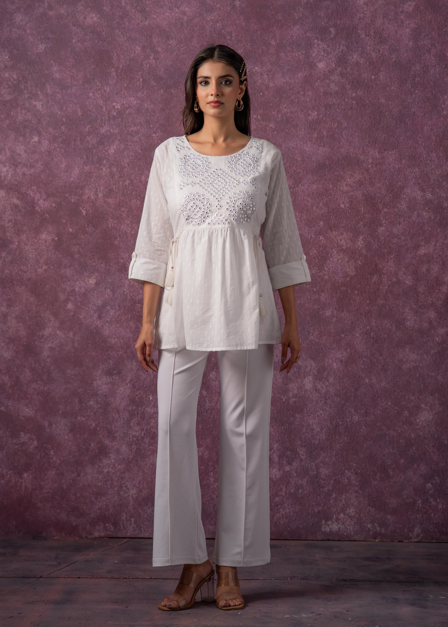 Women's Off-White Cotton Tunic with Thread & Mirror Work