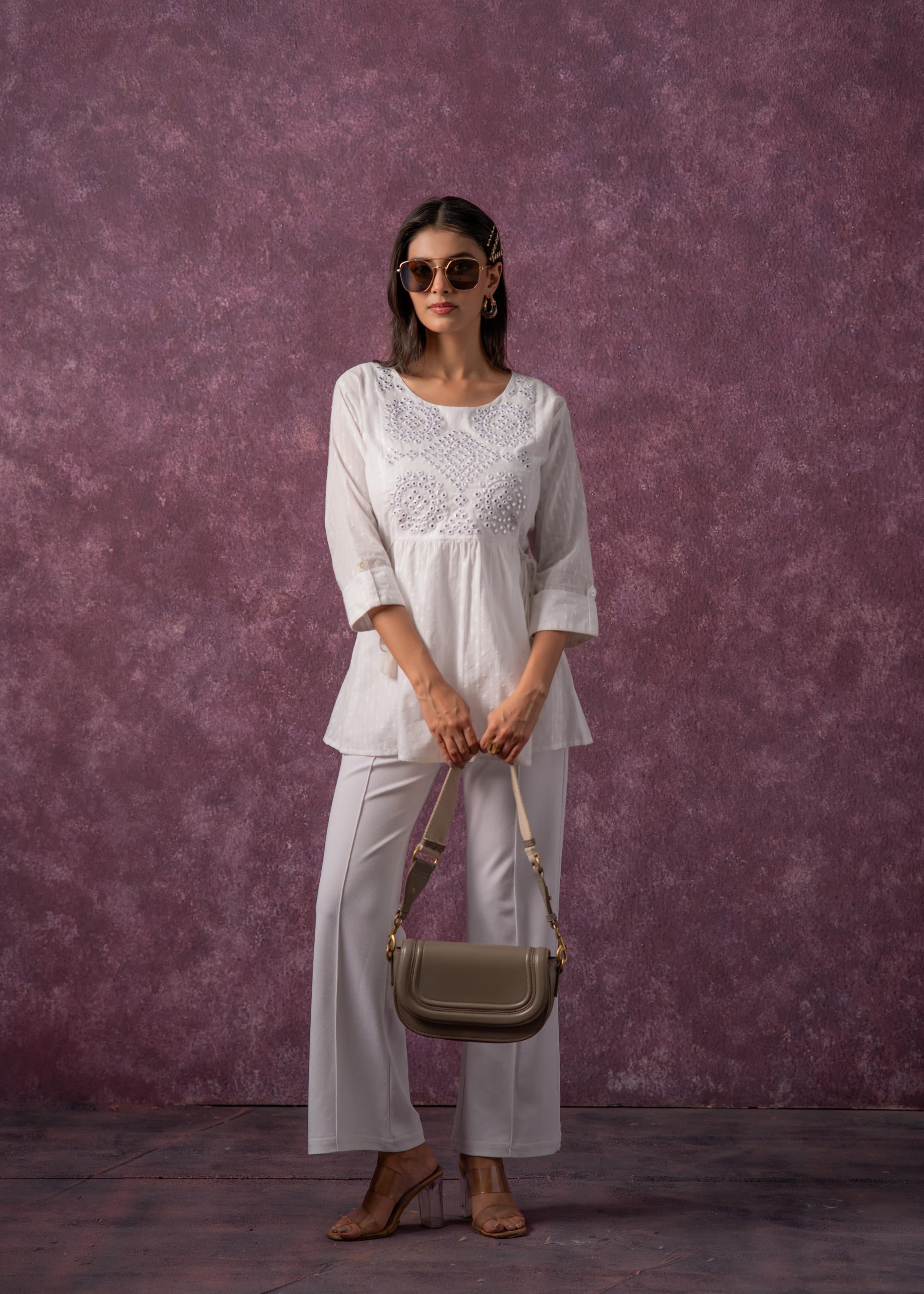Women's Off-White Cotton Tunic with Thread & Mirror Work
