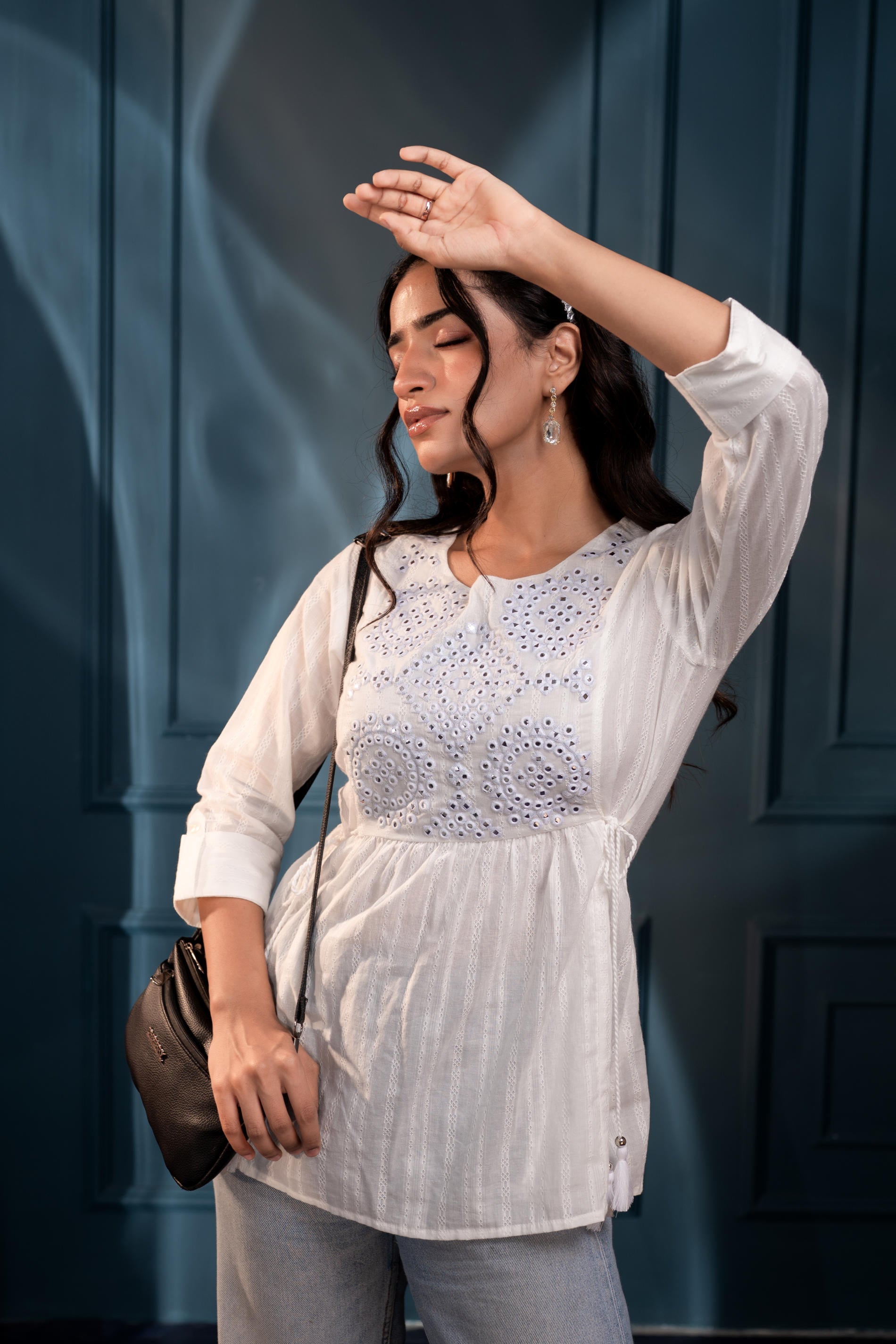 Women's White Embroidered Cotton Tunic with Thread and Mirror Work